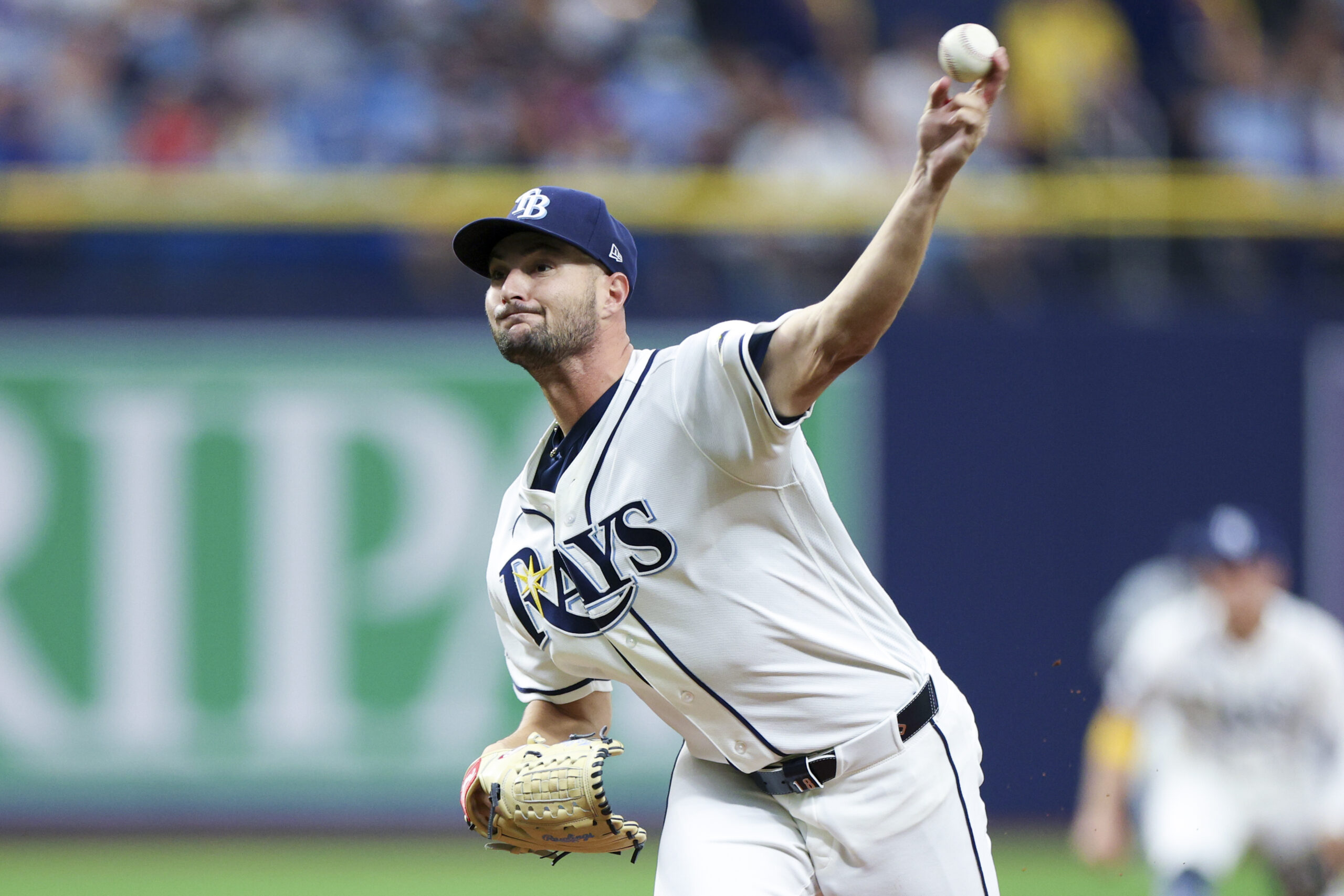 Apr 6, 2026; St. Petersburg, Florida, USA; Tampa Bay Rays starting pitcher Shane McClanahan (18) throws a pitch against the Chicago Cubs in the first inning at Tropicana Field. Mandatory Credit: Nathan Ray Seebeck-Imagn Images