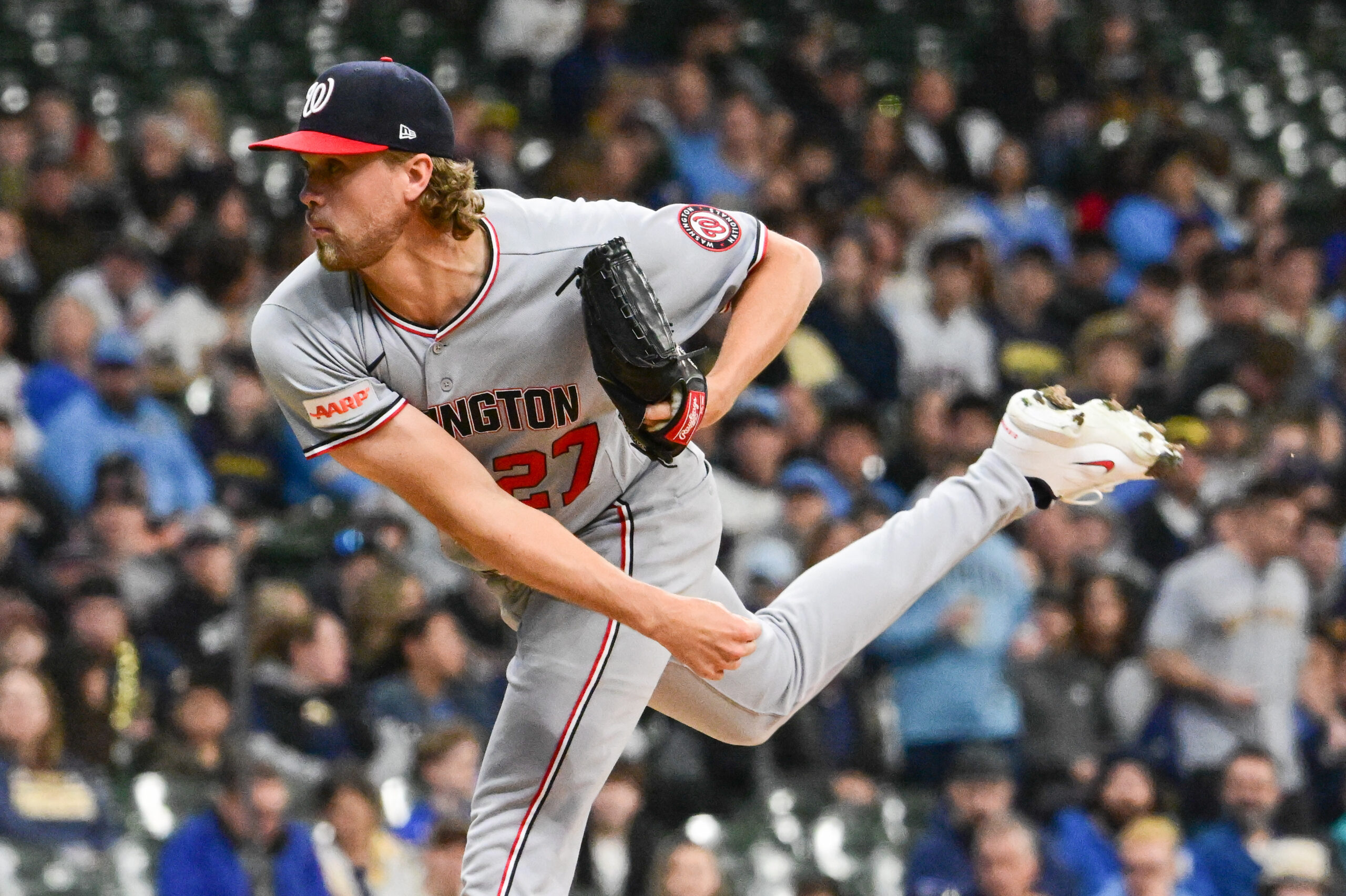 Apr 10, 2026; Milwaukee, Wisconsin, USA;  Washington Nationals pitcher Jake Irvin (27) throws a pitch in the first inning against the Milwaukee Brewers at American Family Field. Mandatory Credit: Benny Sieu-Imagn Images