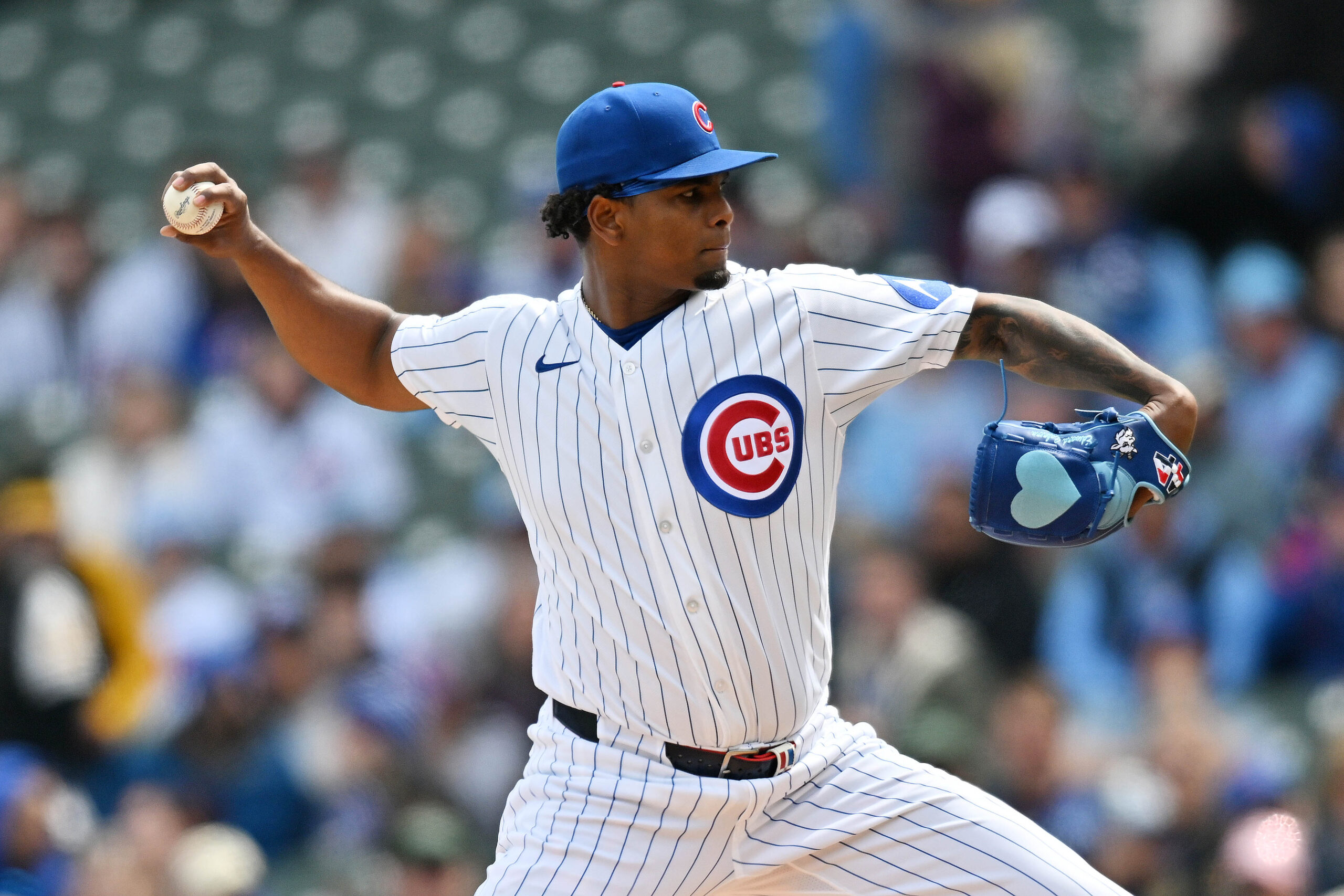 Apr 11, 2026; Chicago, Illinois, USA; Chicago Cubs pitcher Edward Cabrera (30) pitches against the Pittsburgh Pirates during the first inning at Wrigley Field. Mandatory Credit: Patrick Gorski-Imagn Images