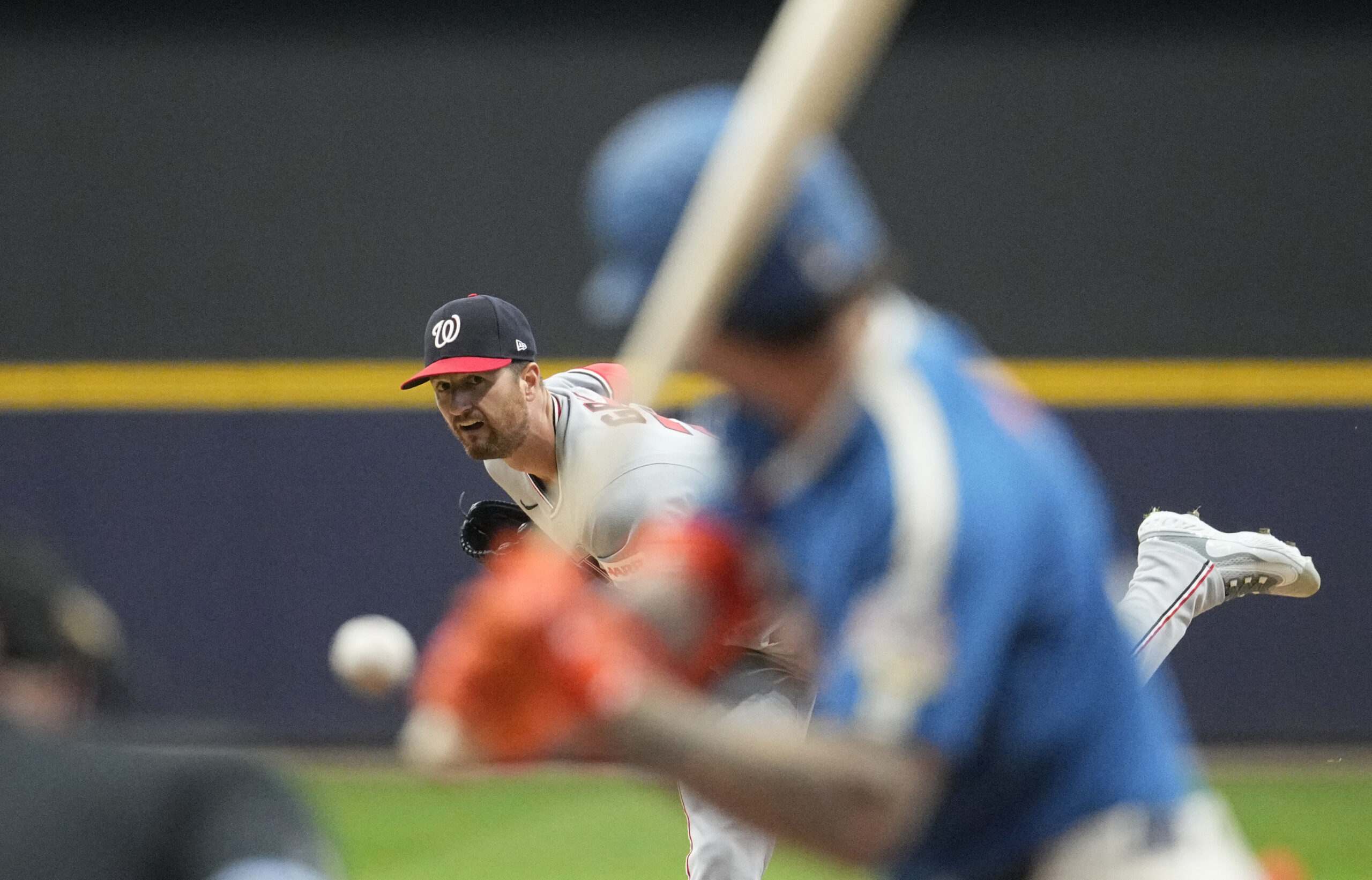 Apr 11, 2026; Milwaukee, Wisconsin, USA; Washington Nationals pitcher Foster Griffin (22) delivers a pitch against the Milwaukee Brewers in the first inning at American Family Field. Mandatory Credit: Michael McLoone-Imagn Images