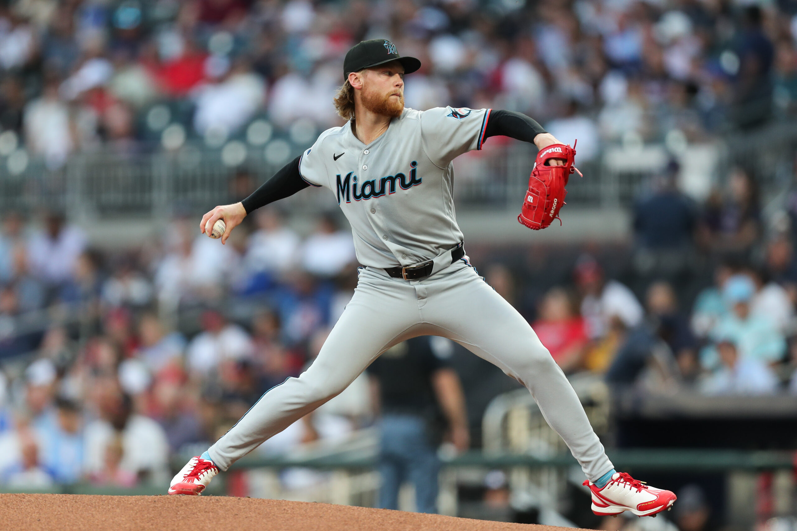 Apr 14, 2026; Cumberland, Georgia, USA; Miami Marlins pitcher Max Meyer (23) throws against the Atlanta Braves in the first inning at Truist Park. Mandatory Credit: Mady Mertens-Imagn Images