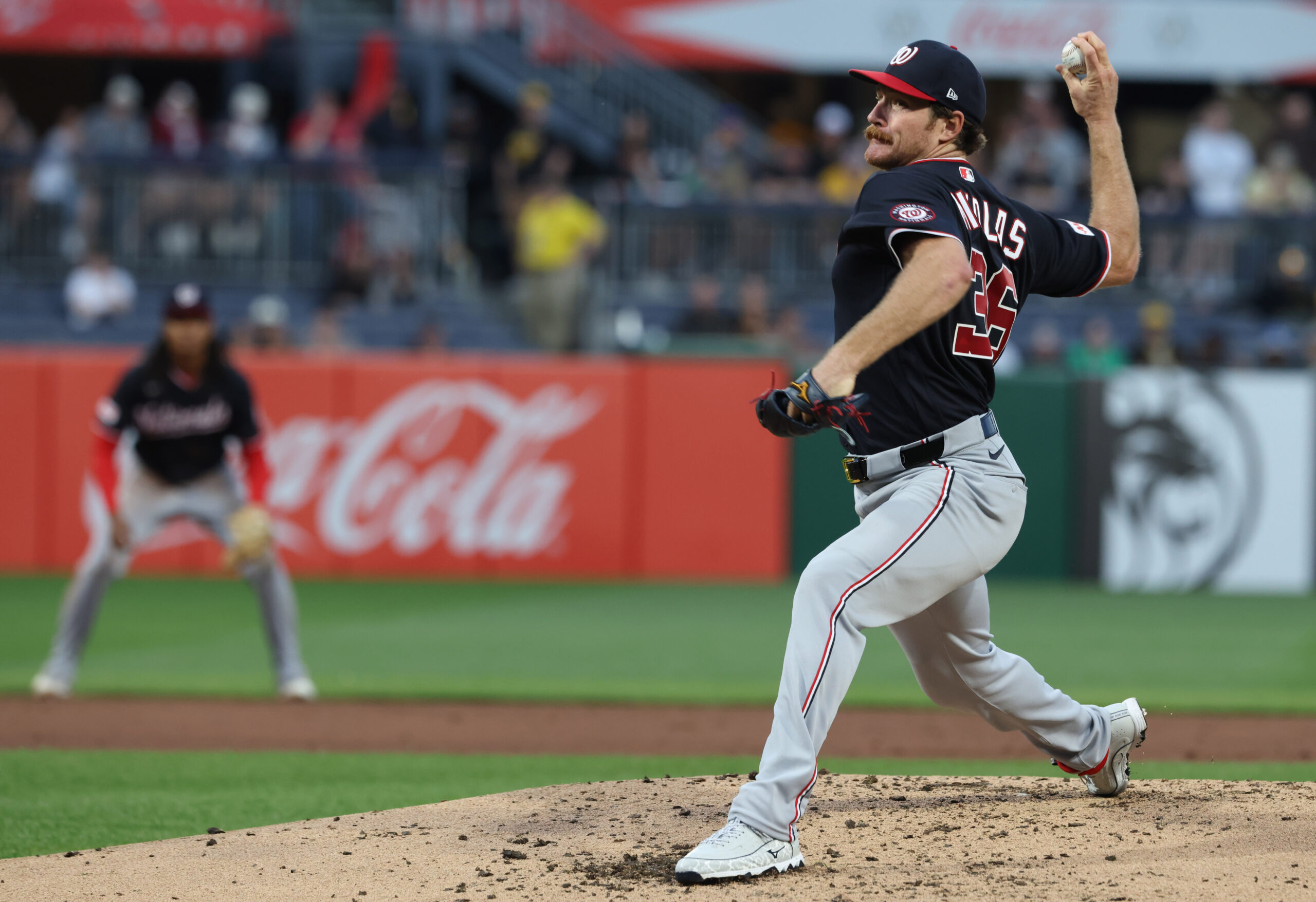 Apr 14, 2026; Pittsburgh, Pennsylvania, USA;  Washington Nationals pitcher Miles Mikolas (36) pitches against the Pittsburgh Pirates during the second inning at PNC Park. Mandatory Credit: Charles LeClaire-Imagn Images