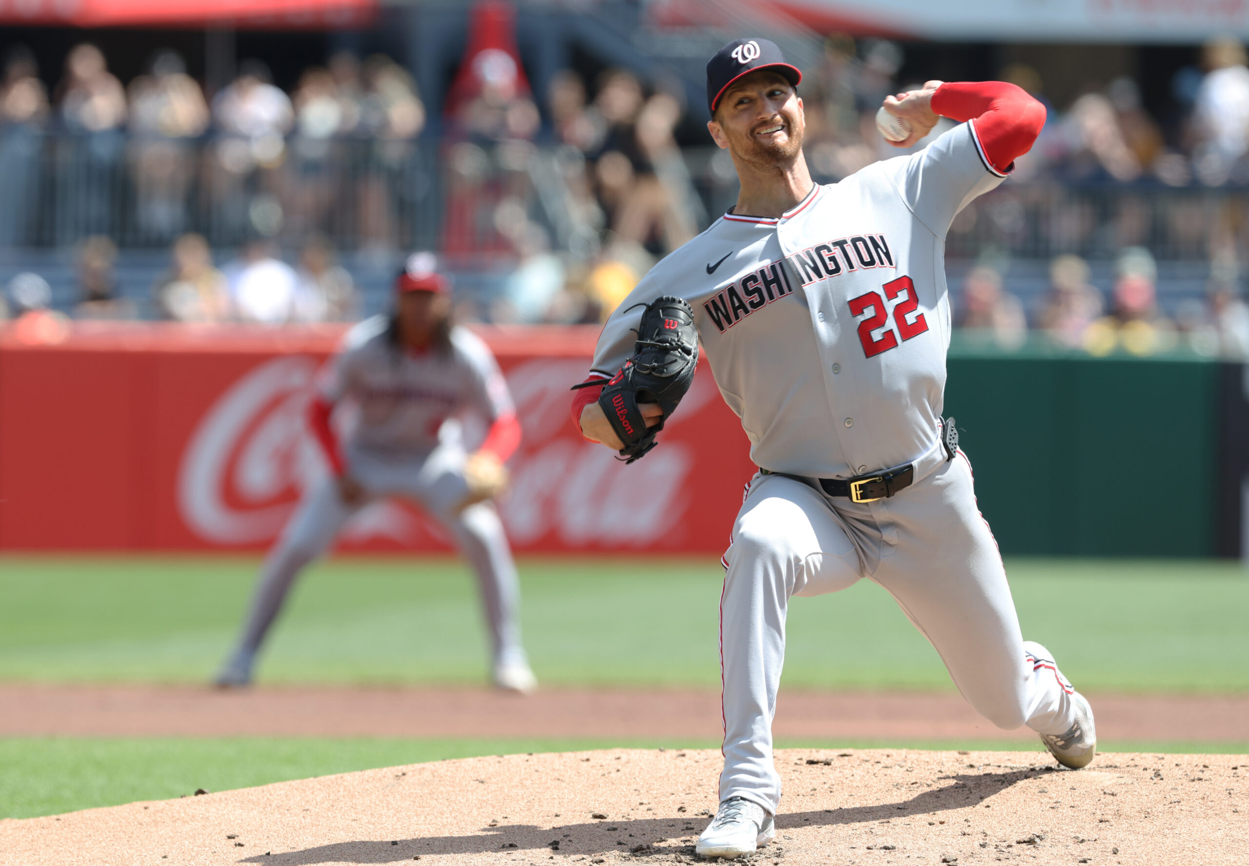 Apr 16, 2026; Pittsburgh, Pennsylvania, USA;  Washington Nationals starting pitcher Foster Griffin (22) delivers a pitch against the Pittsburgh Pirates during the first inning at PNC Park. Mandatory Credit: Charles LeClaire-Imagn Images