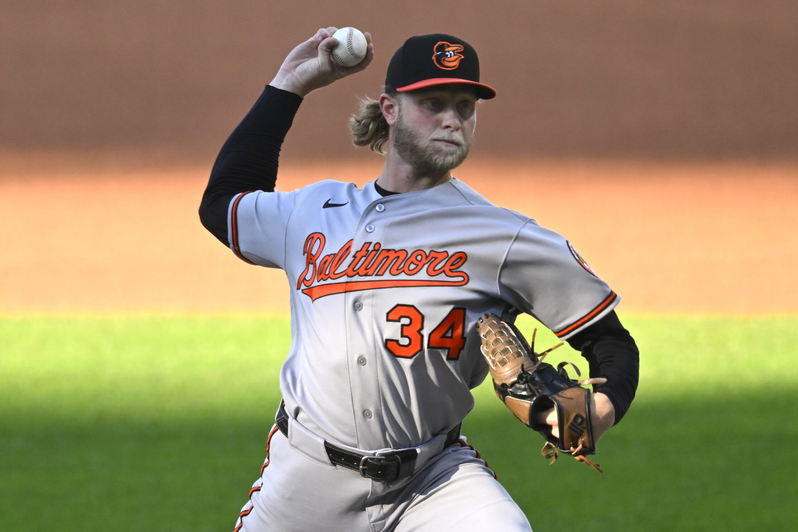 Apr 16, 2026; Cleveland, Ohio, USA; Baltimore Orioles starting pitcher Shane Baz (34) delivers a pitch in the first inning against the Cleveland Guardians at Progressive Field. Mandatory Credit: David Richard-Imagn Images