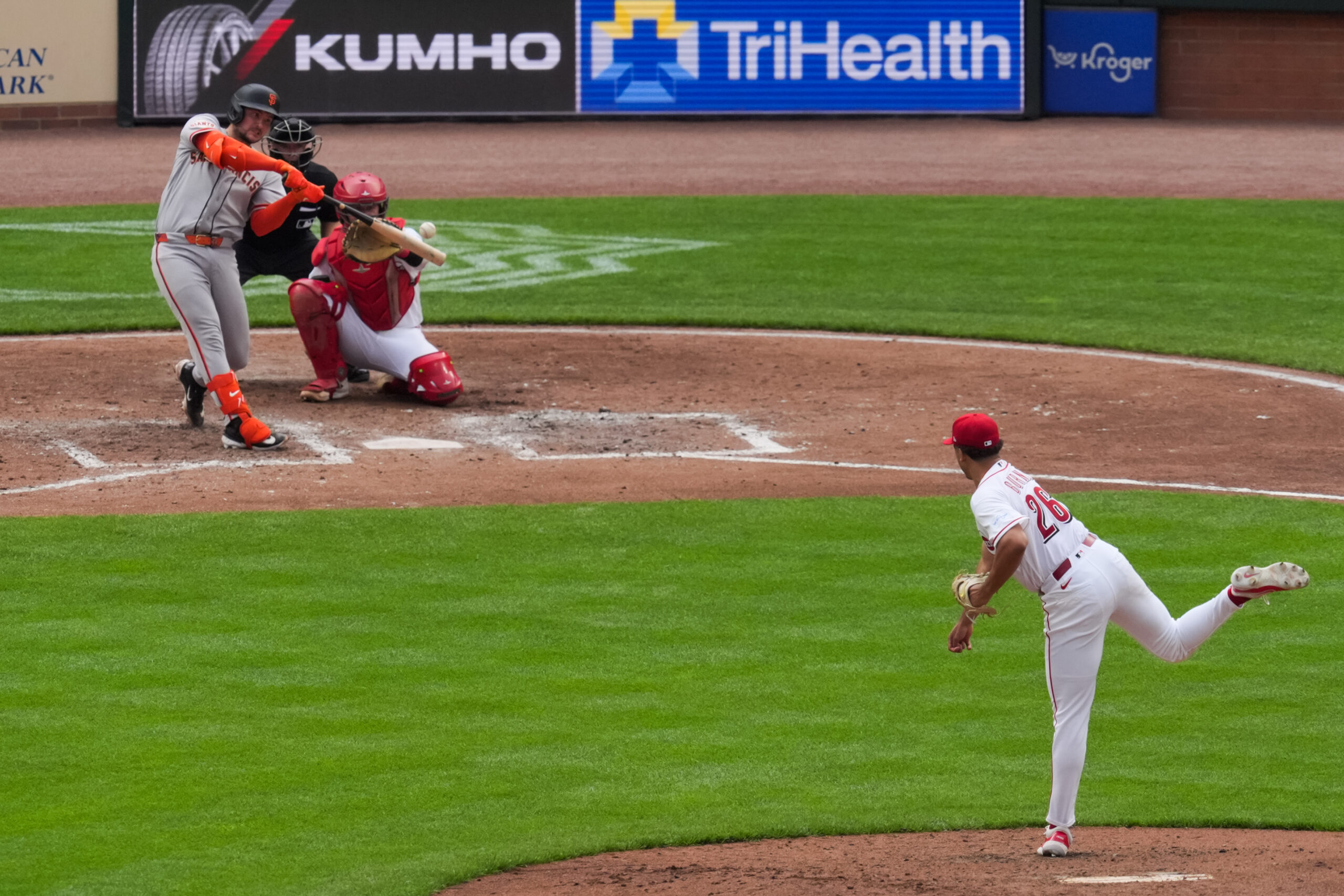 Apr 16, 2026; Cincinnati, Ohio, USA; Cincinnati Reds pitcher Chase Burns (26) throws against the San Francisco Giants in the sixth inning at Great American Ball Park. Mandatory Credit: Aaron Doster-Imagn Images