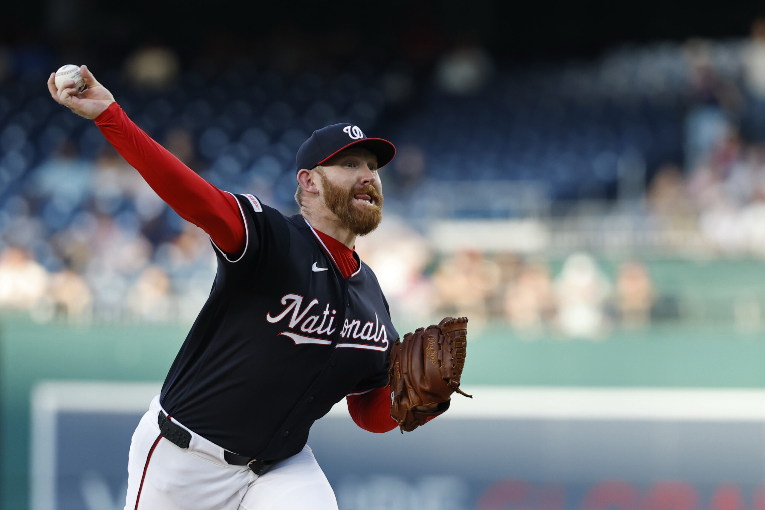 Apr 17, 2026; Washington, District of Columbia, USA; Washington Nationals starting pitcher Zack Littell (18) pitches against the San Francisco Giants during the twelfth inning at Nationals Park. Mandatory Credit: Geoff Burke-Imagn Images