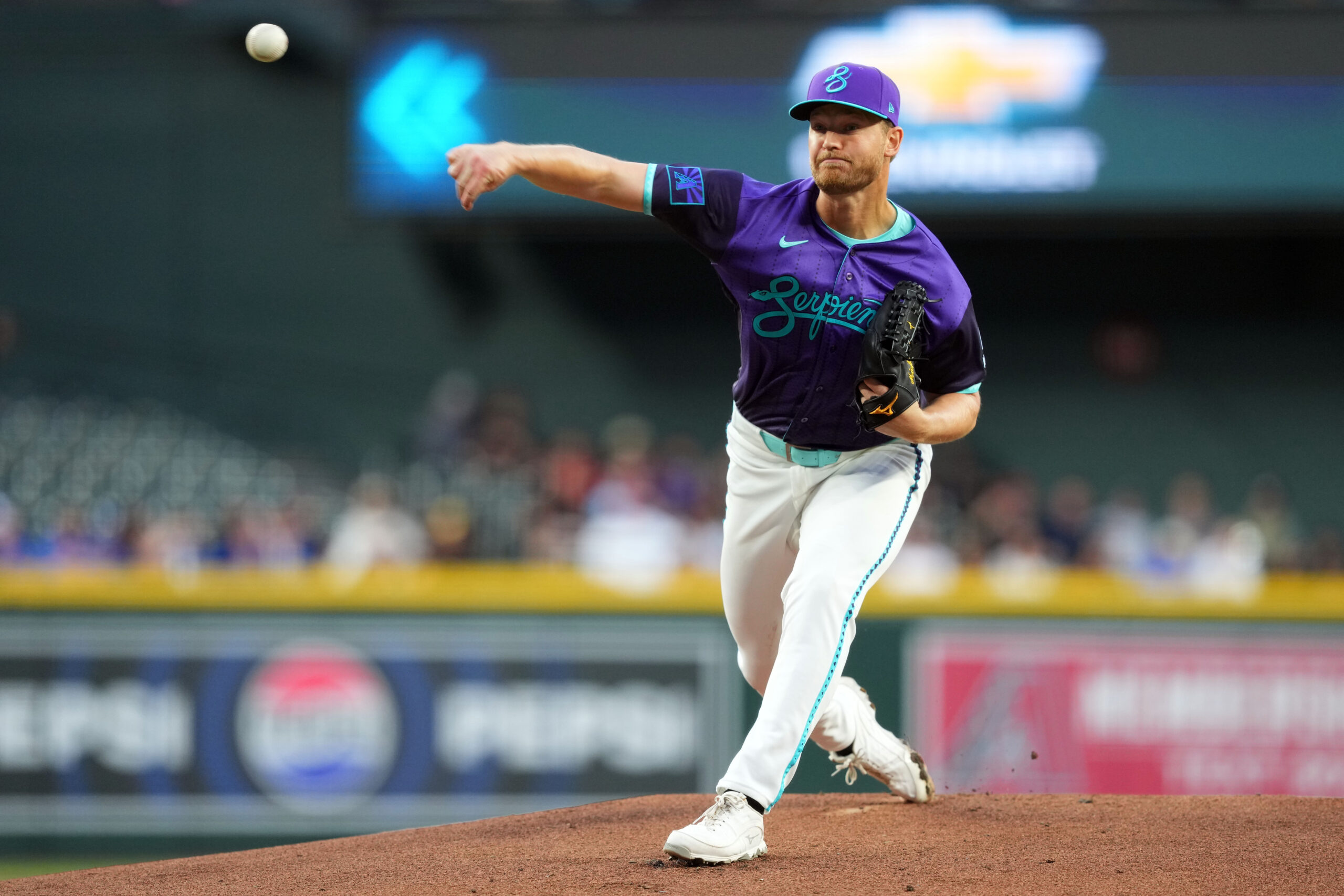 Apr 17, 2026; Phoenix, Arizona, USA; Arizona Diamondbacks pitcher Michael Soroka (34) pitches against the Toronto Blue Jays during the first inning at Chase Field. Mandatory Credit: Joe Camporeale-Imagn Images
