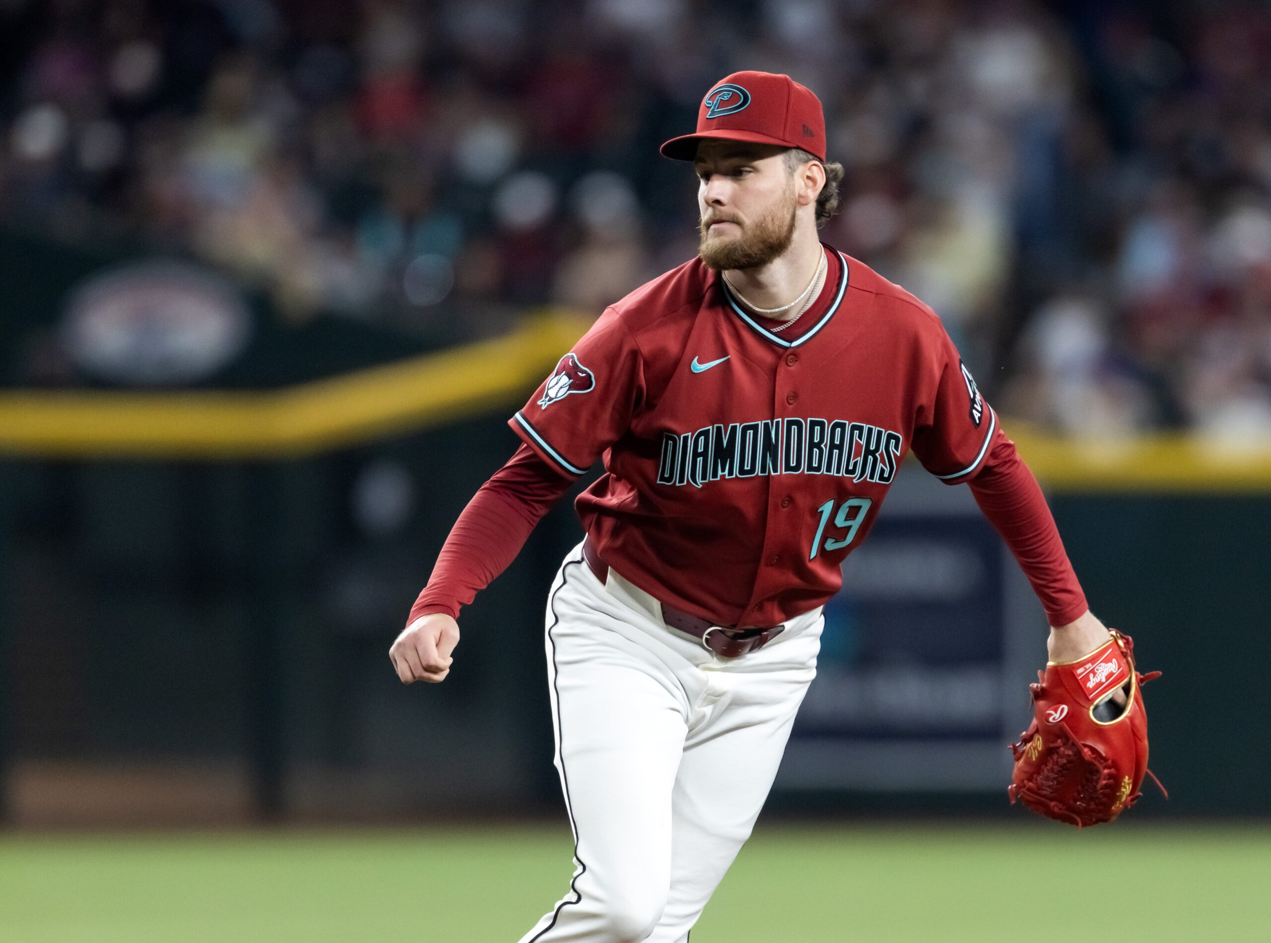 Apr 19, 2026; Phoenix, Arizona, USA; Arizona Diamondbacks pitcher Ryne Nelson in the first inning against the Toronto Blue Jays at Chase Field. Mandatory Credit: Mark J. Rebilas-Imagn Images