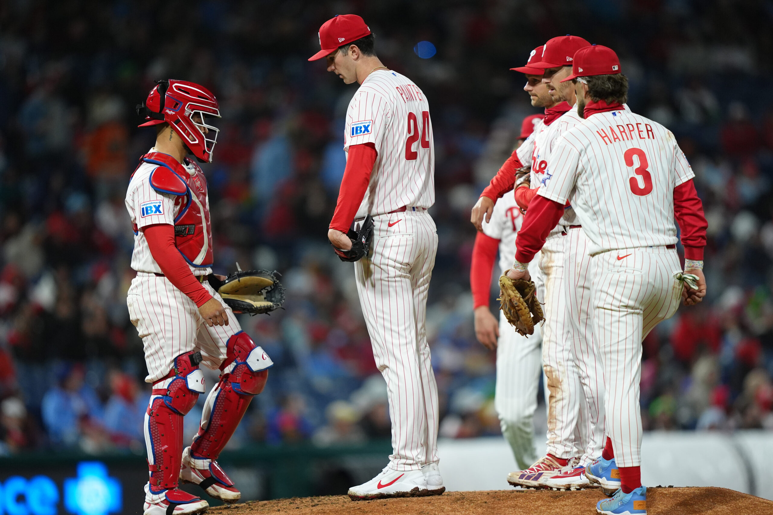 Apr 19, 2026; Philadelphia, Pennsylvania, USA; Philadelphia Phillies starting pitcher Andrew Painter (24) reacts after being removed from the game against the Atlanta Braves in the fifth inning at Citizens Bank Park. Mandatory Credit: Kyle Ross-Imagn Images