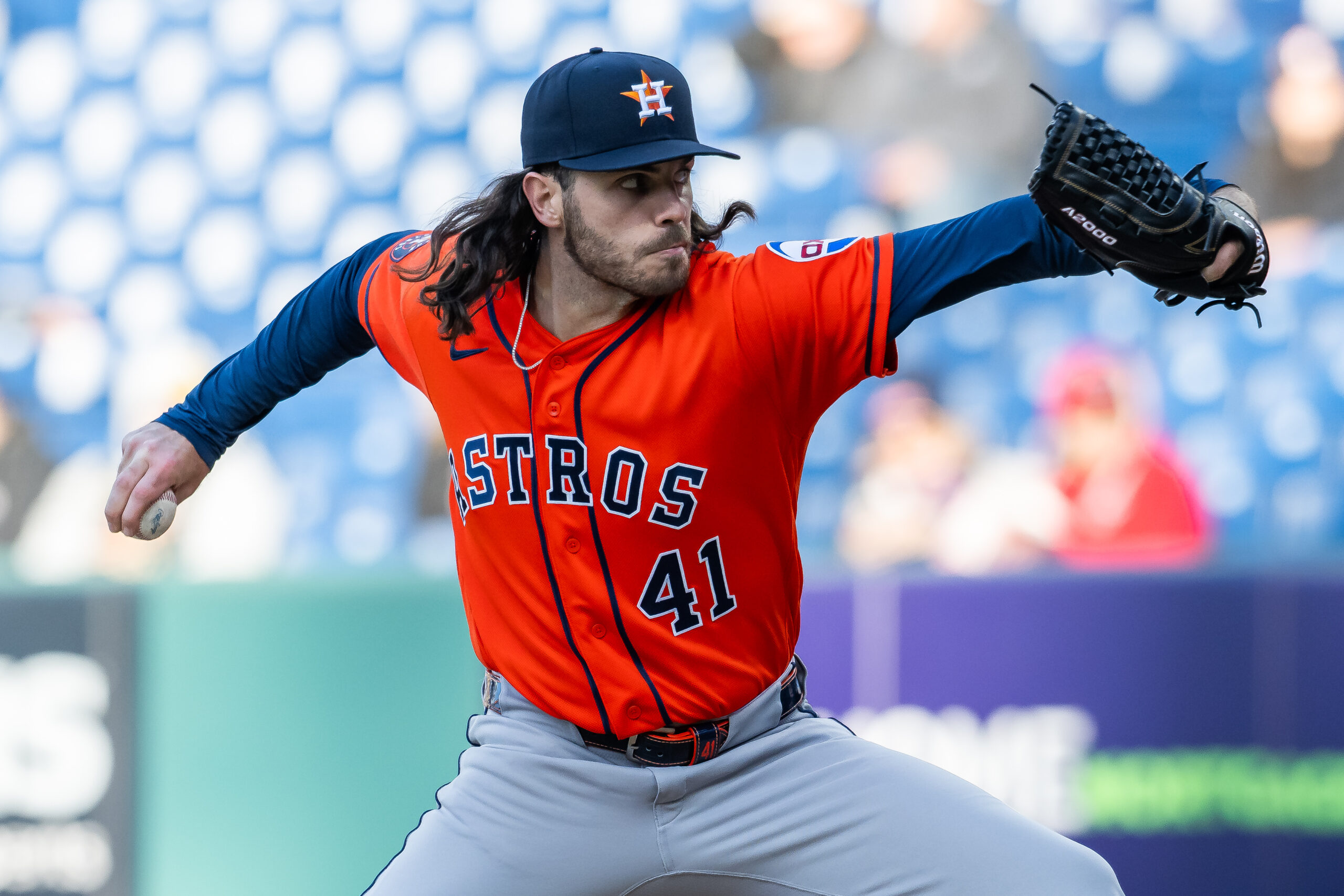 Apr 20, 2026; Cleveland, Ohio, USA; Houston Astros starting pitcher Spencer Arrighetti (41) throws a pitch against the Cleveland Guardians during the first inning at Progressive Field. Mandatory Credit: Ken Blaze-Imagn Images