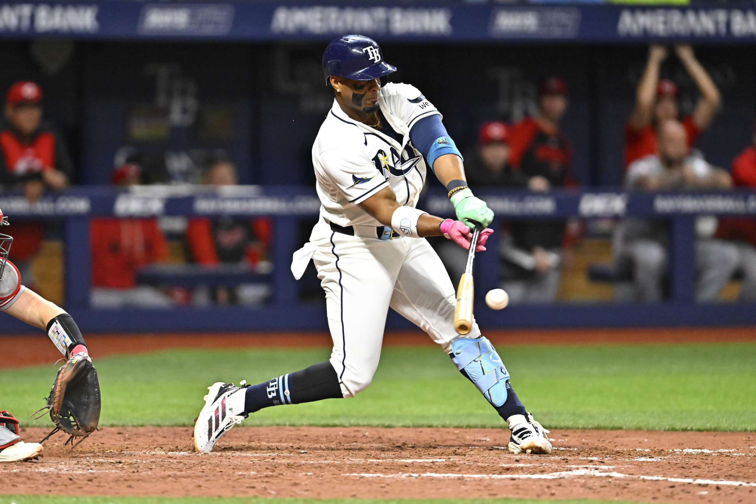 Apr 21, 2026; St. Petersburg, Florida, USA; Tampa Bay Rays infielder Yandy Diaz (2) hits during the eighth inning against Cincinnati Reds at Tropicana Field. Mandatory Credit: Pablo Robles-Imagn Images
