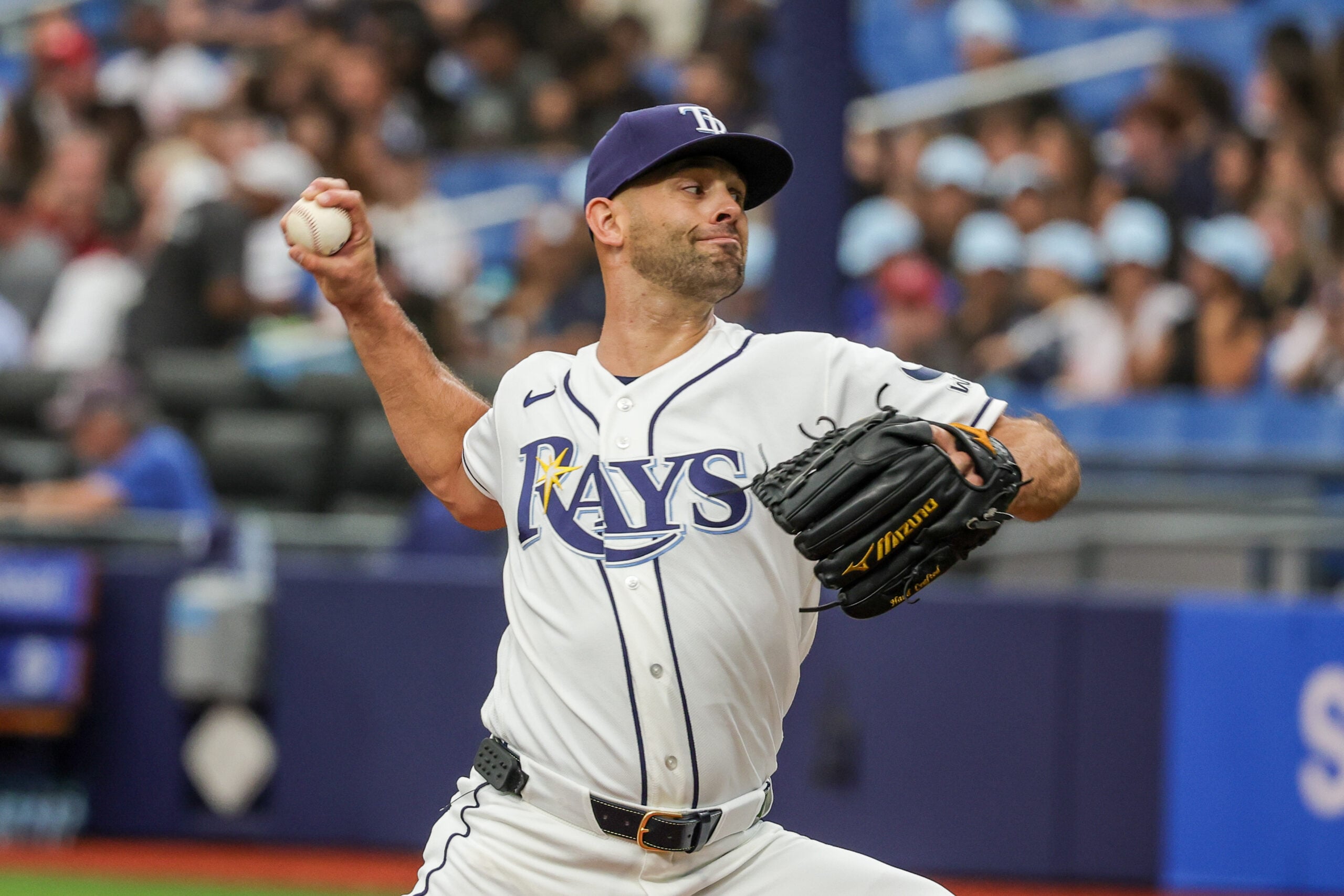 Apr 22, 2026; St. Petersburg, Florida, USA; Tampa Bay Rays pitcher Nick Martinez (28) throws during the first inning against the Cincinnati Reds at Tropicana Field. Mandatory Credit: Mike Watters-Imagn Images
