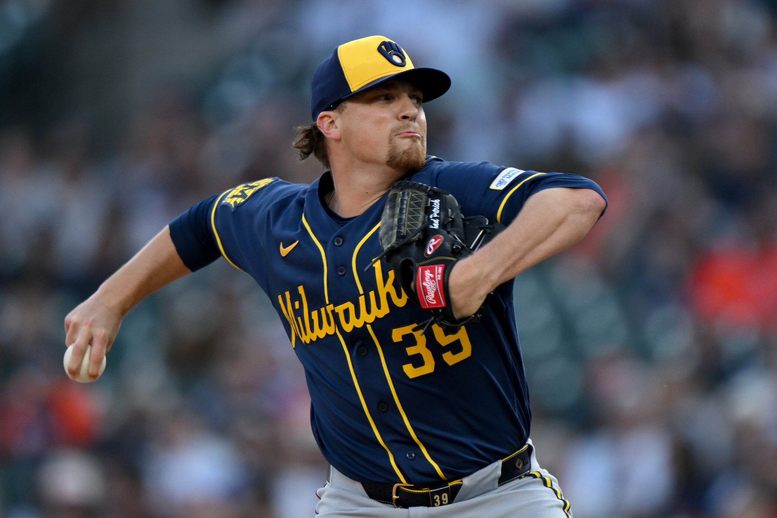 Apr 22, 2026; Detroit, Michigan, USA;  Milwaukee Brewers pitcher Chad Patrick (39) throws a pitch against the Detroit Tigers in the fourth inning at Comerica Park. Mandatory Credit: Lon Horwedel-Imagn Images