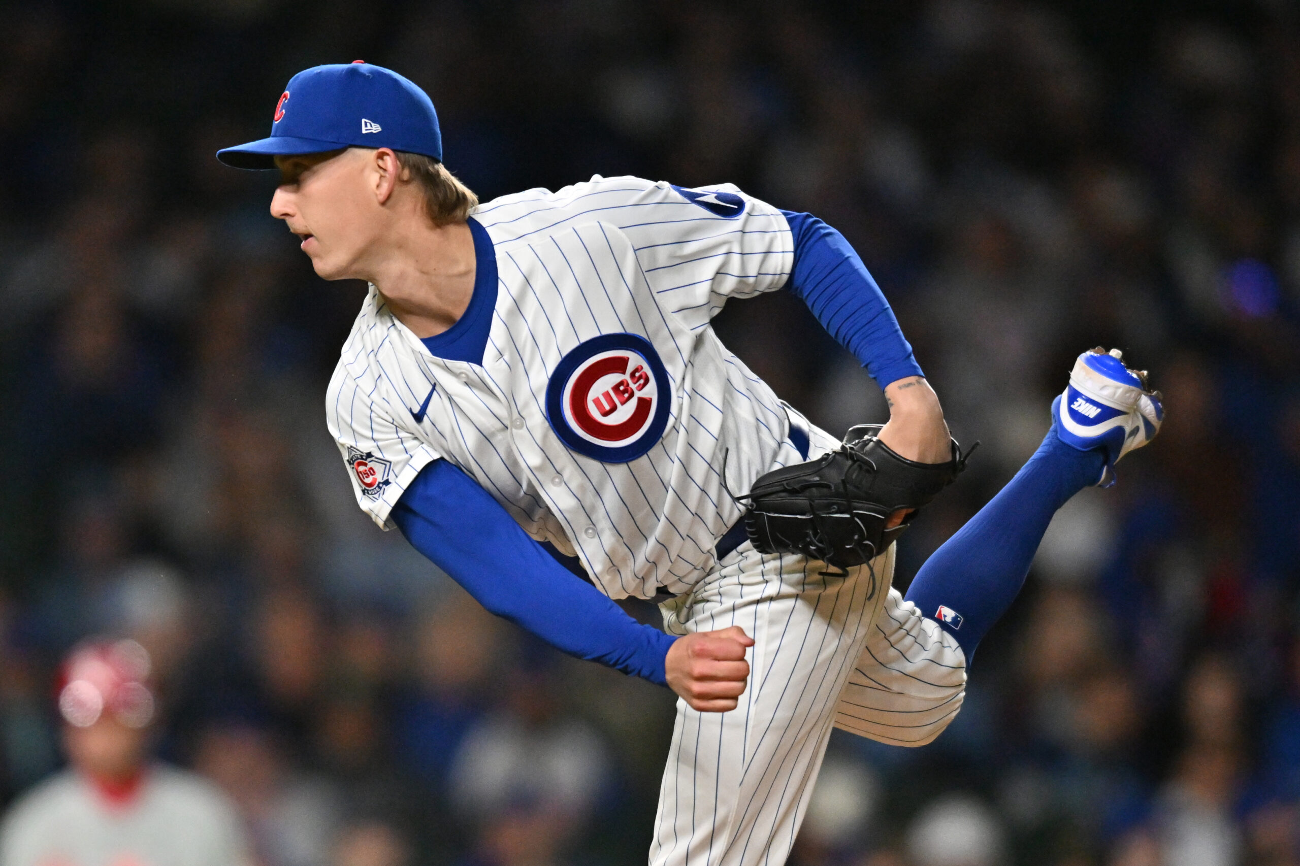 Apr 22, 2026; Chicago, Illinois, USA; Chicago Cubs pitcher Ben Brown (32) pitches against the Philadelphia Phillies during the fifth inning at Wrigley Field. Mandatory Credit: Patrick Gorski-Imagn Images