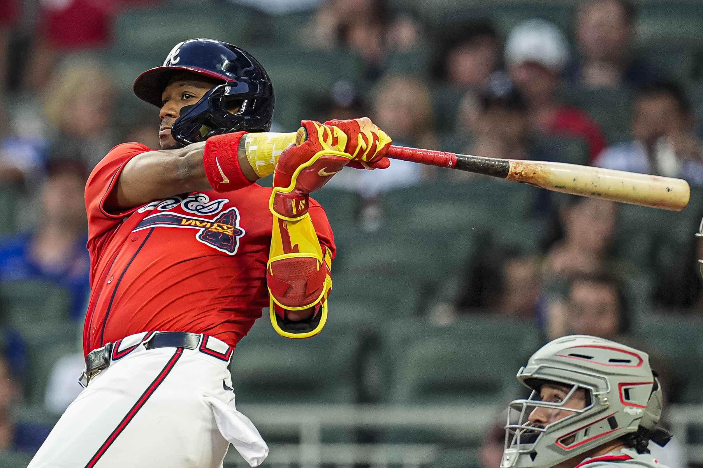 Apr 24, 2026; Cumberland, Georgia, USA; Atlanta Braves right fielder Ronald Acuna Jr. (13) hits a home run against the Philadelphia Phillies during the third inning at Truist Park. Mandatory Credit: Dale Zanine-Imagn Images