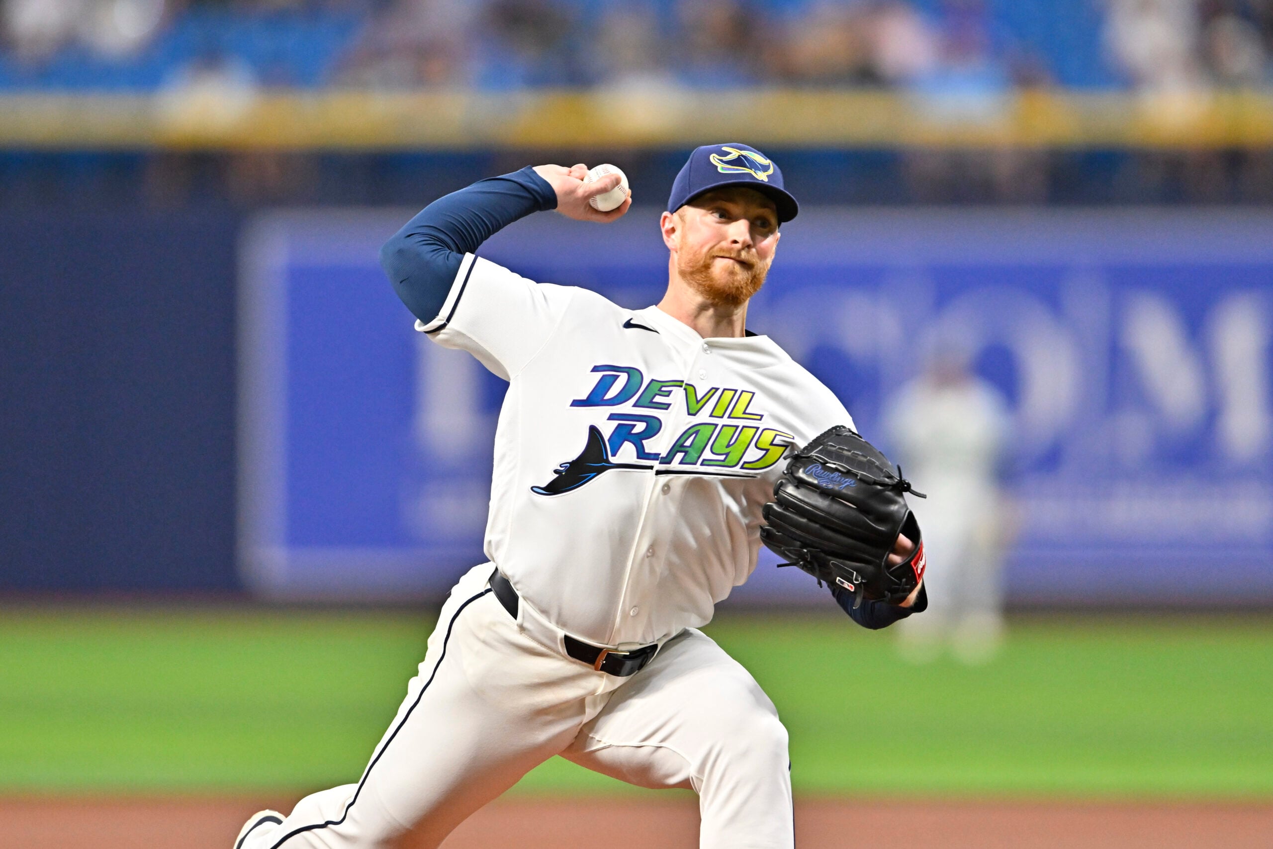 Apr 24, 2026; St. Petersburg, Florida, USA; Tampa Bay Rays pitcher Drew Rasmussen (57) throws a pitch during the first inning against the Minnesota Twins at Tropicana Field. Mandatory Credit: Pablo Robles-Imagn Images