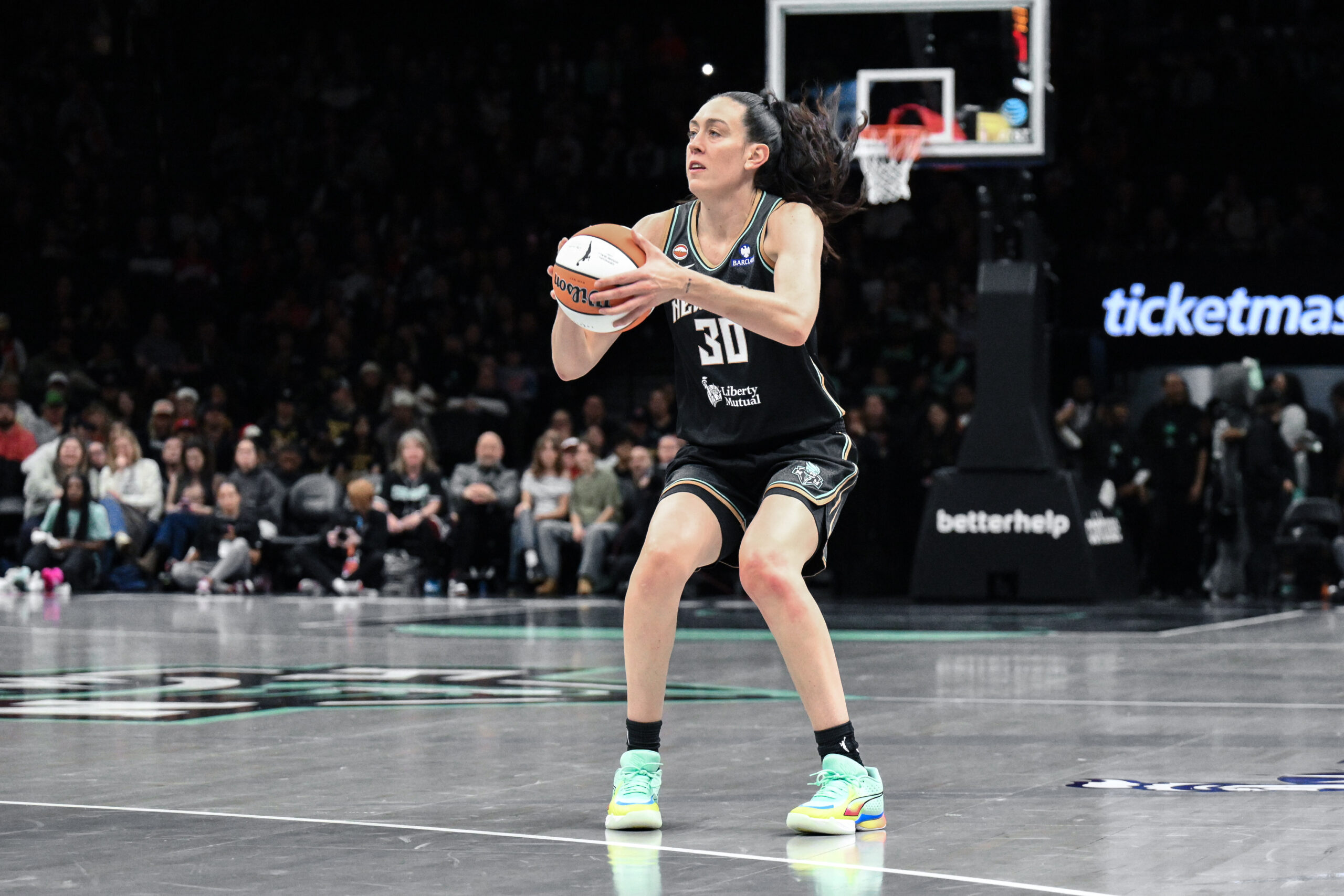 Apr 25, 2026; Brooklyn, NY, USA; New York Liberty forward Breanna Stewart (30) sets to shoot the ball against the Indiana Fever during the first half at Barclays Center. Mandatory Credit: John Jones-Imagn Images