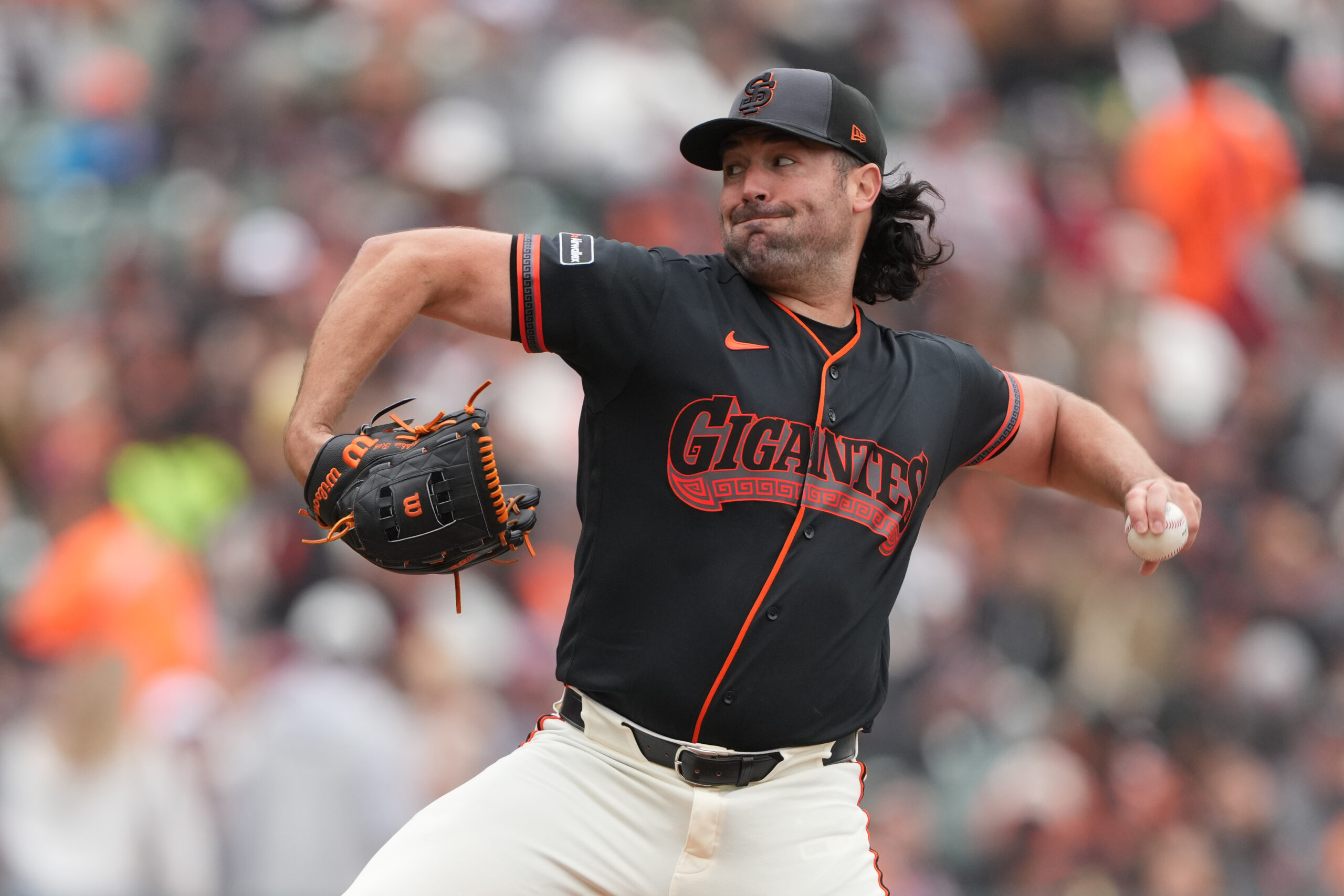 Apr 25, 2026; San Francisco, California, USA; San Francisco Giants starting pitcher Robbie Ray (38) throws a pitch against the Miami Marlins during the first inning at Oracle Park. Mandatory Credit: Darren Yamashita-Imagn Images