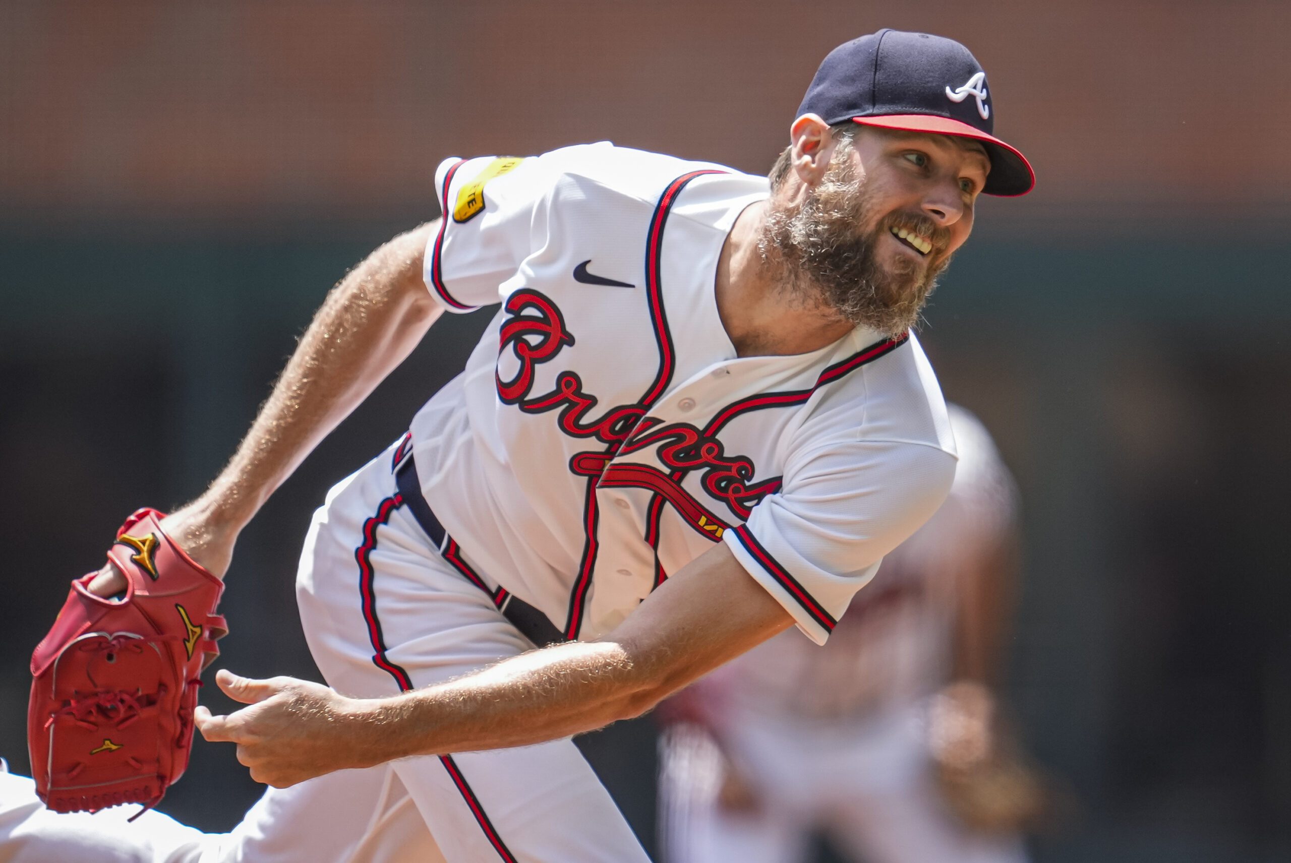 Apr 26, 2026; Cumberland, Georgia, USA; Atlanta Braves pitcher Chris Sale (51) pitches against the Philadelphia Phillies during the first inning at Truist Park. Mandatory Credit: Dale Zanine-Imagn Images