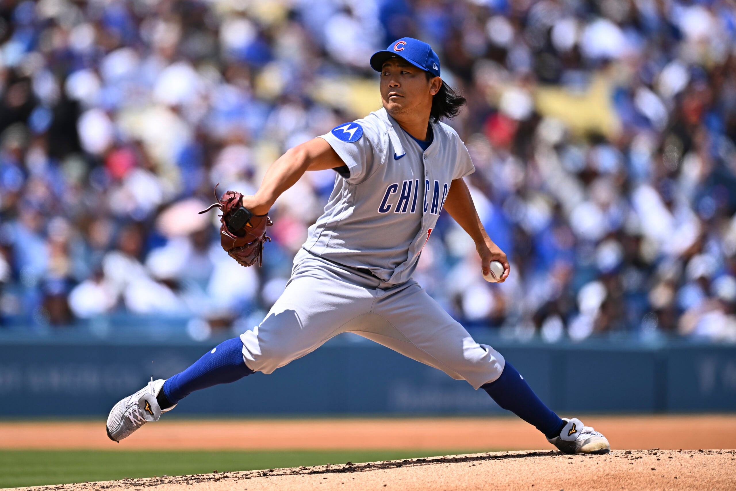 Apr 26, 2026; Los Angeles, California, USA; Chicago Cubs pitcher Shota Imanaga (18) pitches against the Los Angeles Dodgers in the first inning at Dodger Stadium. Mandatory Credit: Jonathan Hui-Imagn Images