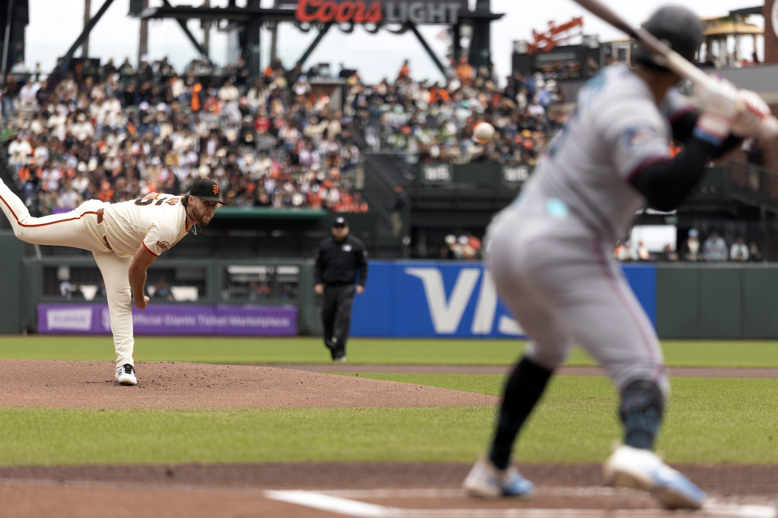 Apr 26, 2026; San Francisco, California, USA; San Francisco Giants starting pitcher Landen Roupp (65) delivers a pitch against the Miami Marlins during the first inning at Oracle Park. Mandatory Credit: D. Ross Cameron-Imagn Images