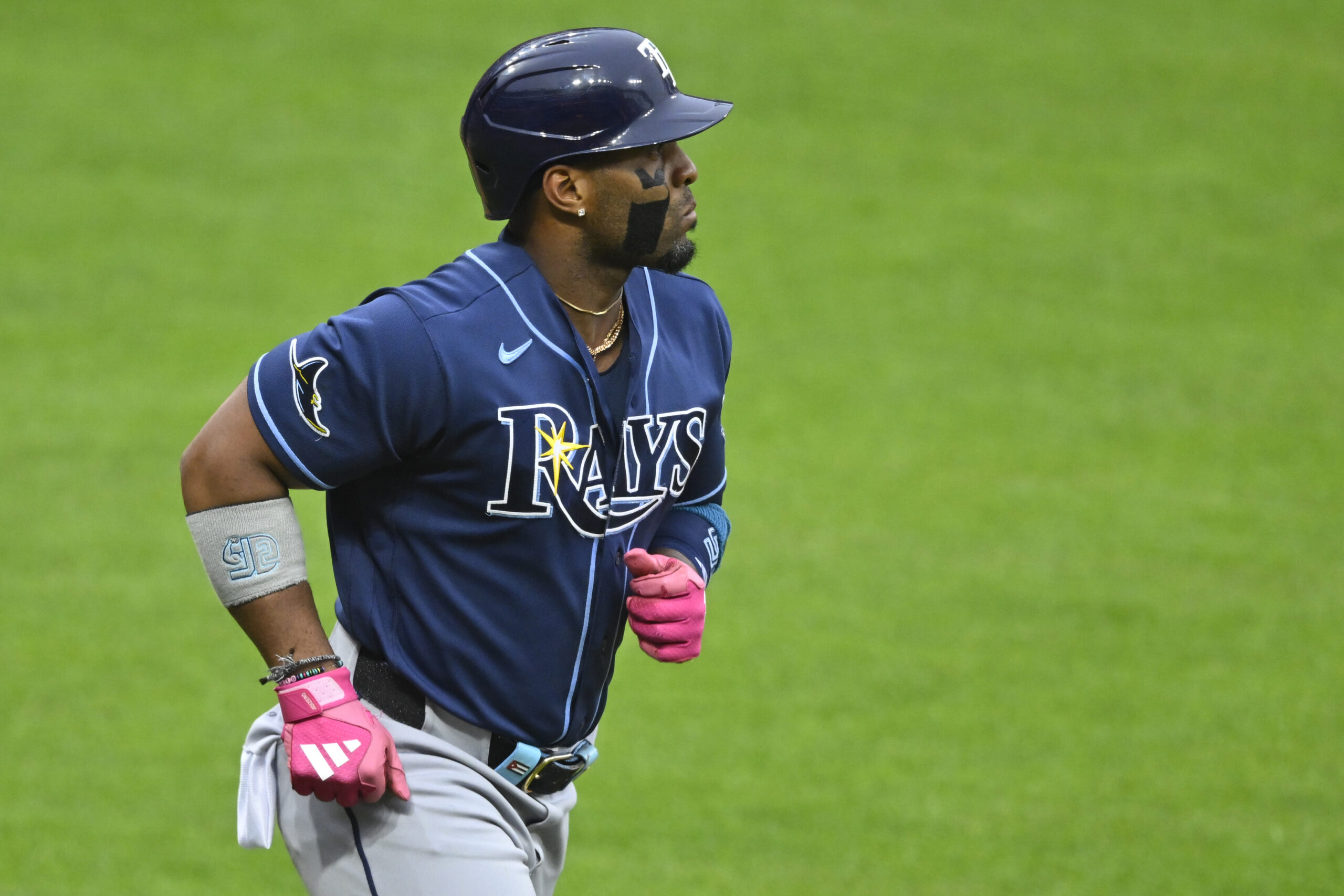 Apr 27, 2026; Cleveland, Ohio, USA; Tampa Bay Rays first baseman Yandy Diaz (2) jogs to first base after walking in the sixth inning against the Cleveland Guardians at Progressive Field. Mandatory Credit: David Richard-Imagn Images