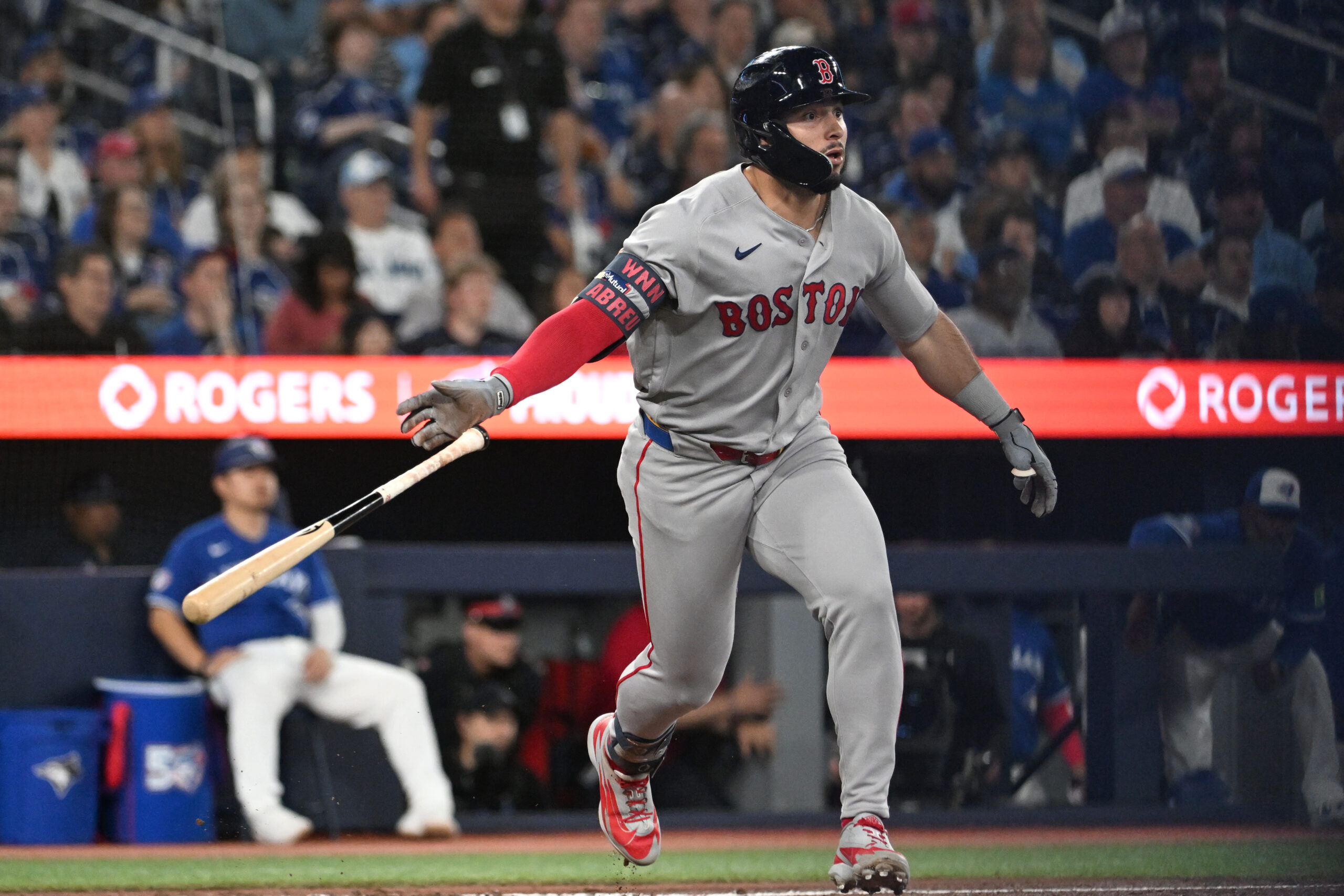 Apr 27, 2026; Toronto, Ontario, CAN;  Boston Red Sox  right fielder Wilyer Abreu (52) hits an RBI double against the Toronto Blue Jays in the fifth inning at Rogers Centre. Mandatory Credit: Dan Hamilton-Imagn Images