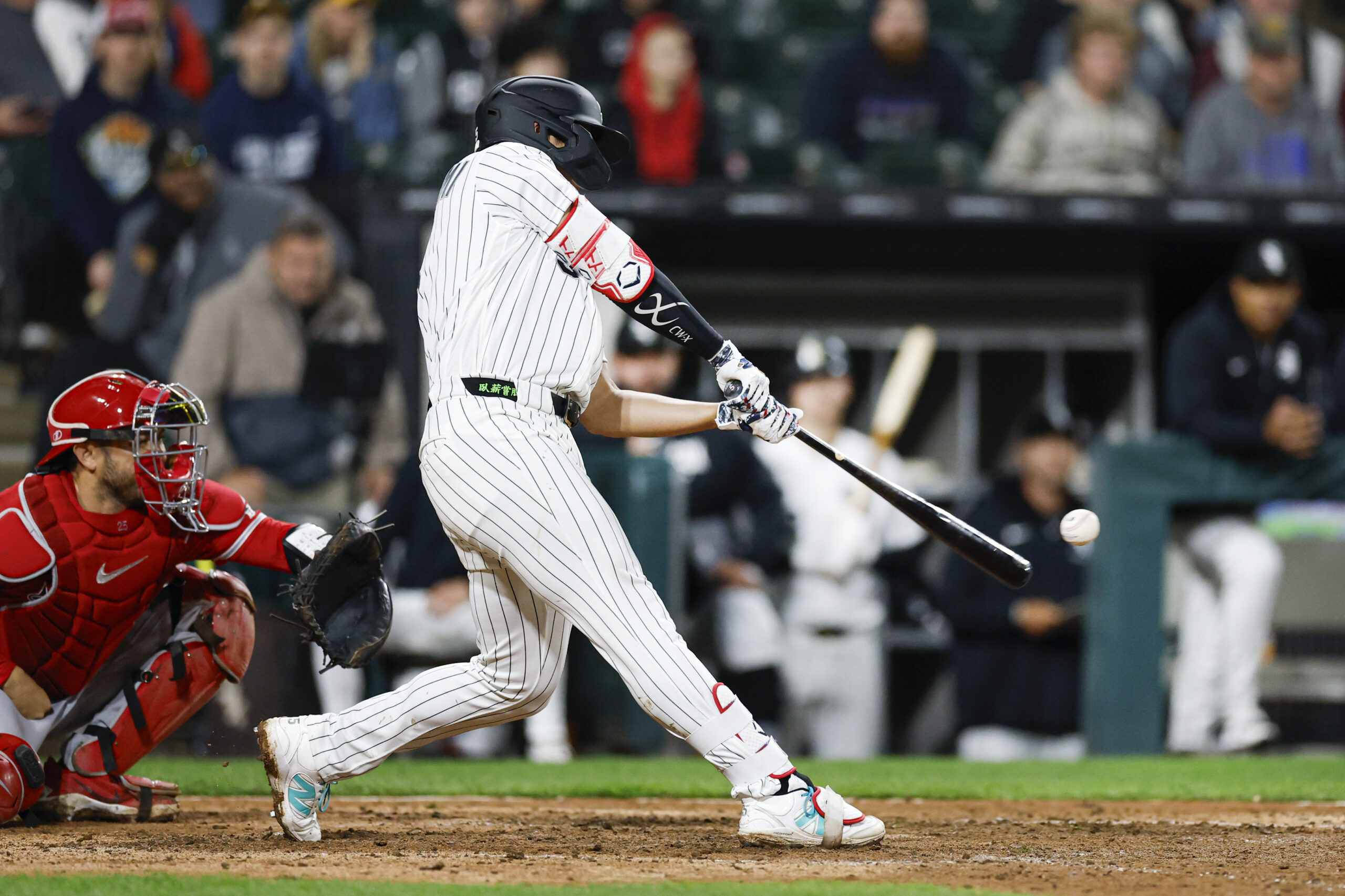 Apr 27, 2026; Chicago, Illinois, USA; Chicago White Sox first baseman Munetaka Murakami (5) hits a three-run home run against the Los Angeles Angels during the seventh inning at Rate Field. Mandatory Credit: Kamil Krzaczynski-Imagn Images