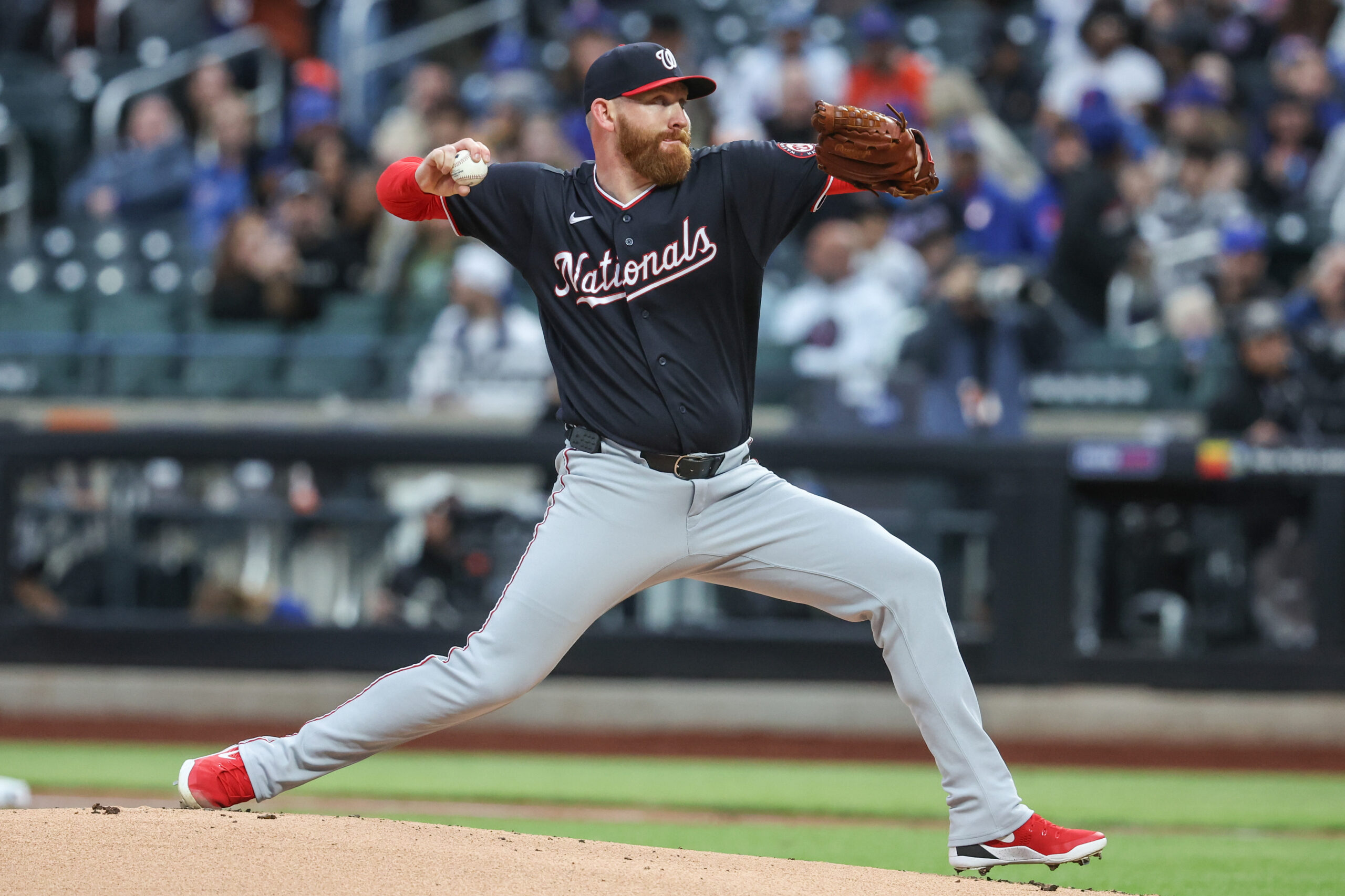Apr 28, 2026; New York City, New York, USA;  Washington Nationals starting pitcher Zack Littell (18) pitches in the first inning against the New York Mets at Citi Field. Mandatory Credit: Wendell Cruz-Imagn Images
