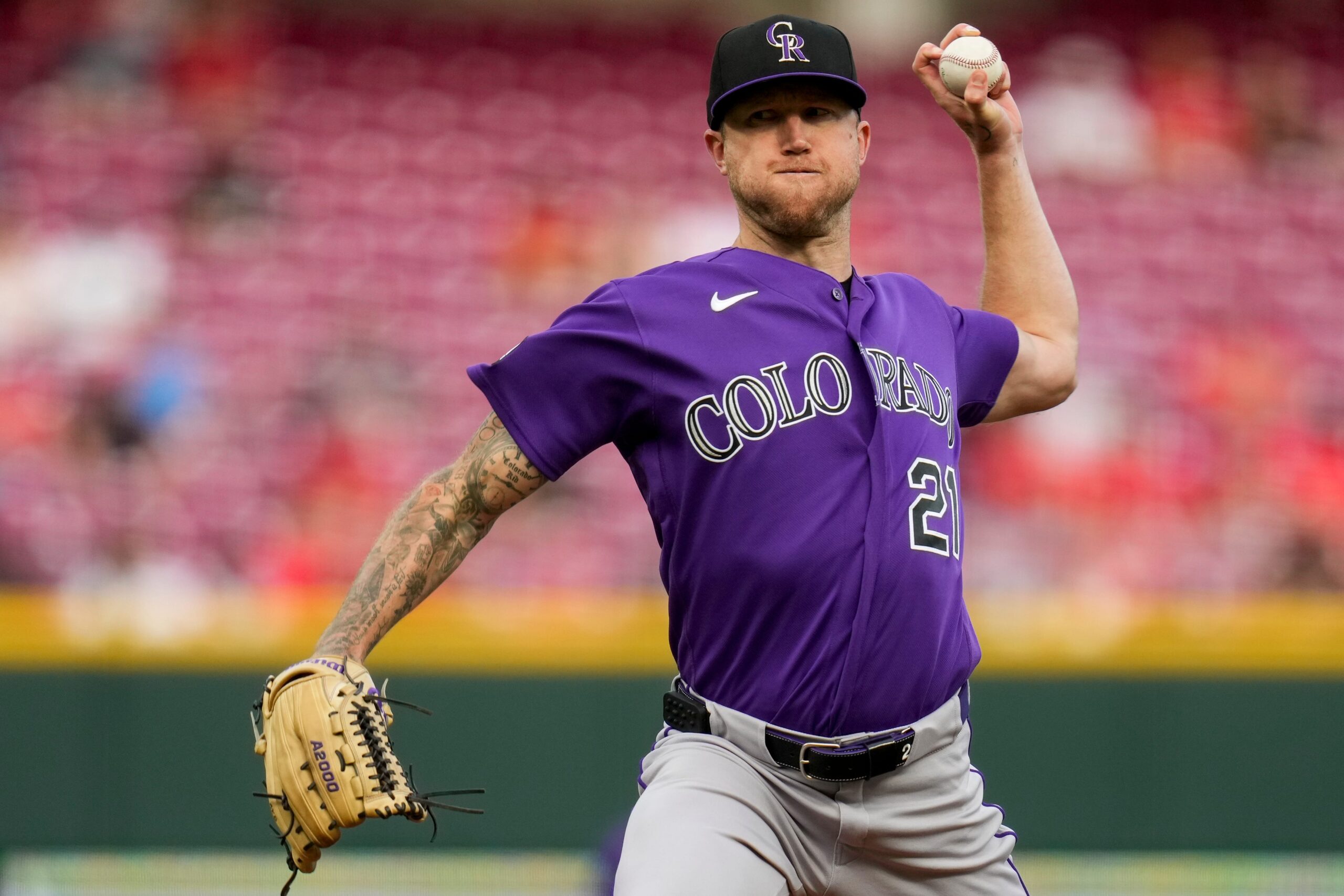 Colorado Rockies starting pitcher Kyle Freeland (21) throws a pitch in the first inning of the MLB National League game between the Cincinnati Reds and the Colorado Rockies at Great American Ball Park in downtown Cincinnati on Tuesday, April 28, 2026. The Reds led 4-1 after three innings.