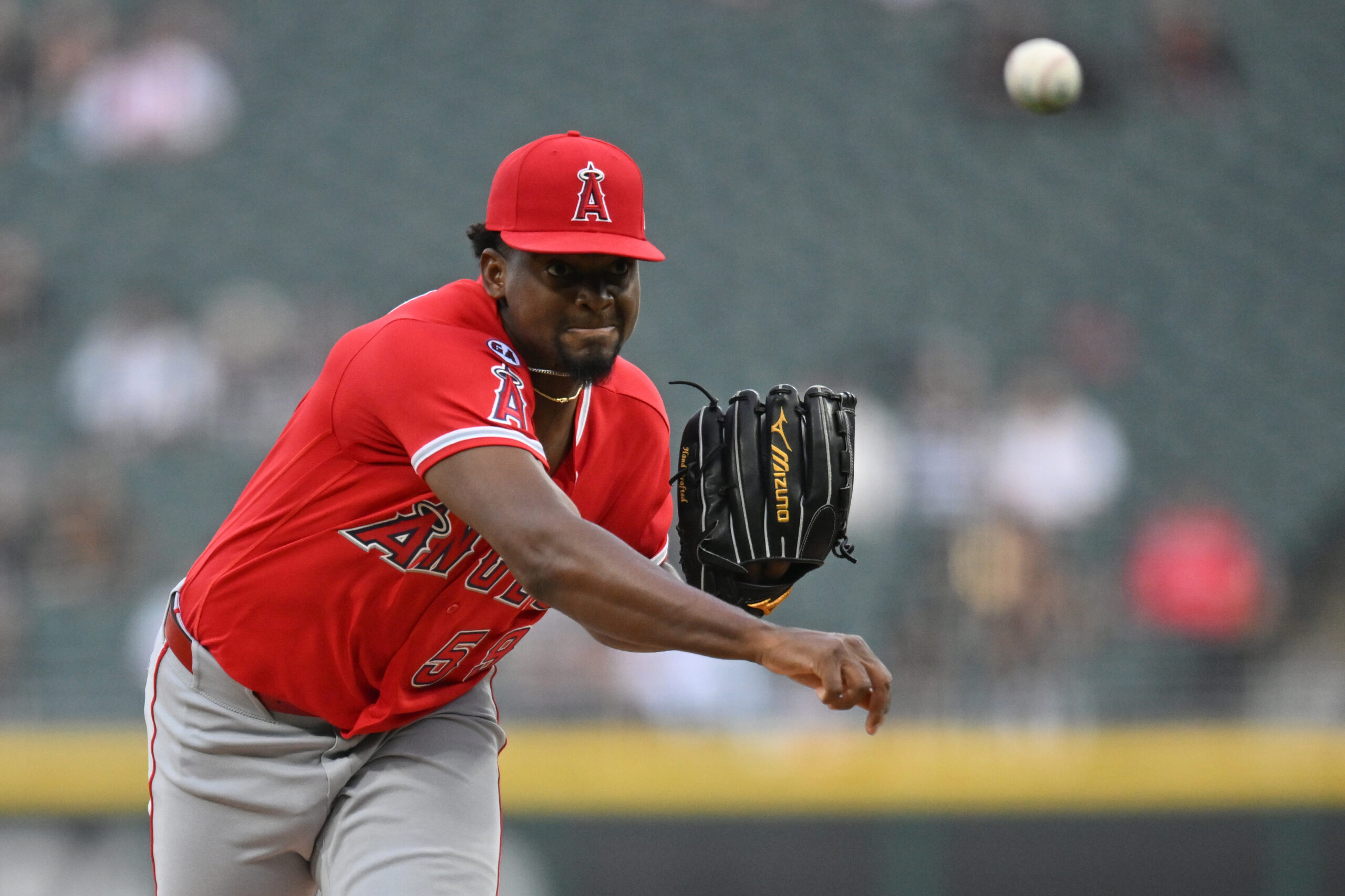 Apr 28, 2026; Chicago, Illinois, USA; Los Angeles Angels pitcher Jose Soriano (59) throws against the Chicago White Sox during the first inning at Rate Field. Mandatory Credit: Patrick Gorski-Imagn Images