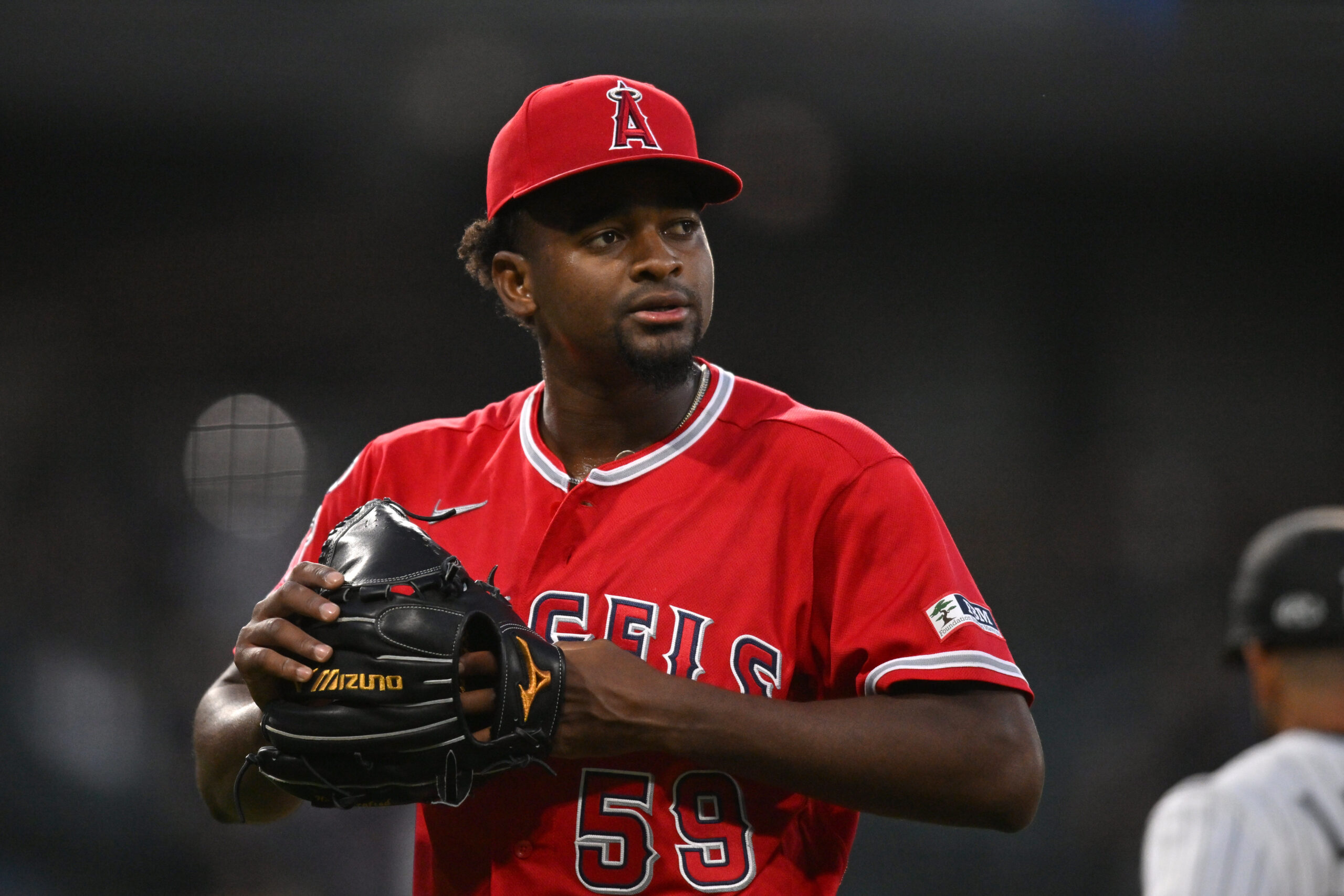 Apr 28, 2026; Chicago, Illinois, USA; Los Angeles Angels pitcher Jose Soriano (59) walks back to the dugout after ending the the third inning with bases loaded against the Chicago White Sox at Rate Field. Mandatory Credit: Patrick Gorski-Imagn Images