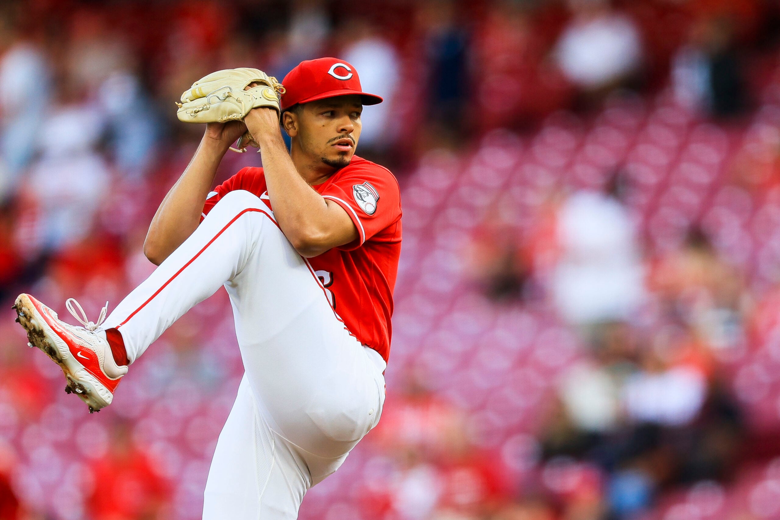 Apr 28, 2026; Cincinnati, Ohio, USA; Cincinnati Reds starting pitcher Chase Burns (26) pitches against the Colorado Rockies in the first inning at Great American Ball Park. Mandatory Credit: Katie Stratman-Imagn Images