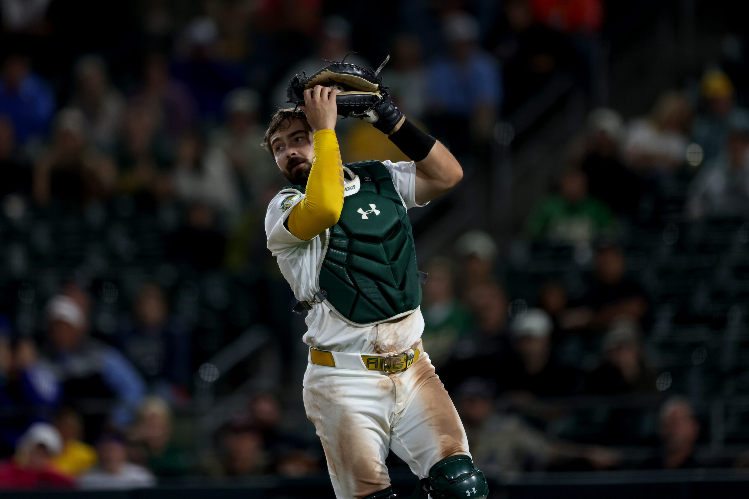 Apr 28, 2026; West Sacramento, California, USA; Athletics catcher Shea Langeliers (23) catches a ball in foul territory in a game against the Kansas City Royals during the tenth inning at Sutter Health Park. Mandatory Credit: Dennis Lee-Imagn Images