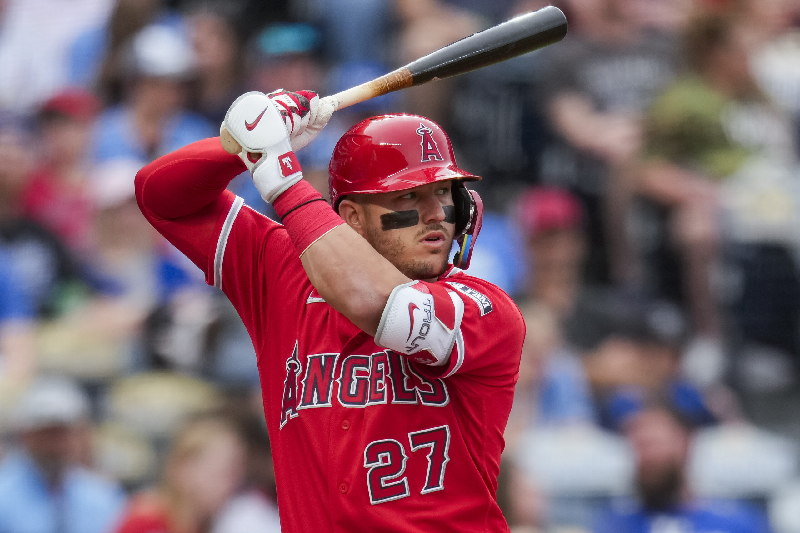 Apr 25, 2026; Kansas City, Missouri, USA; Los Angeles Angels right fielder Mike Trout (27) bats during the first inning against the Kansas City Royals at Kauffman Stadium. Mandatory Credit: Jay Biggerstaff-Imagn Images