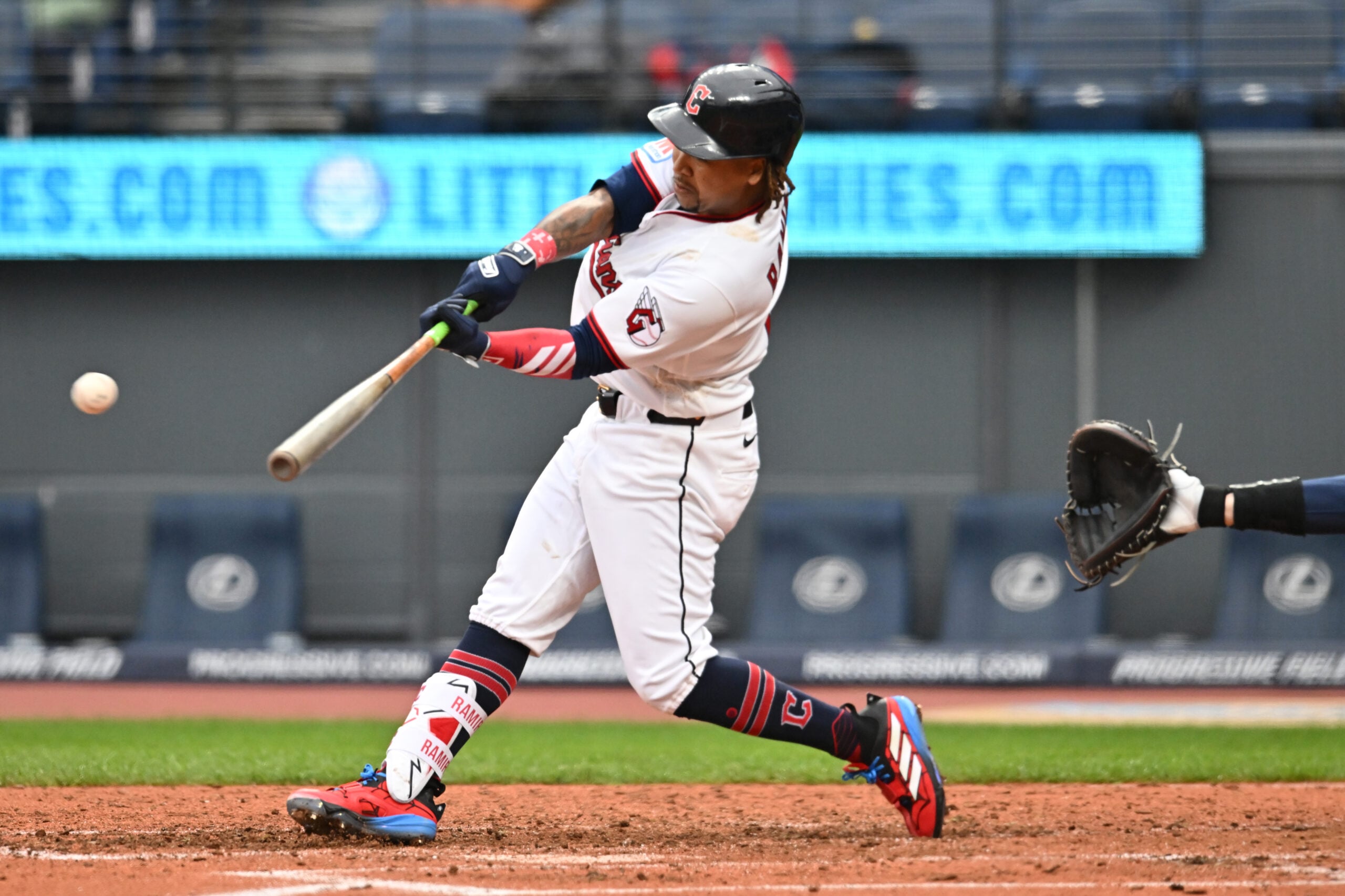 Apr 29, 2026; Cleveland, Ohio, USA; Cleveland Guardians designated hitter Jose Ramirez (11) hits a double during the seventh inning against the Tampa Bay Rays at Progressive Field. Mandatory Credit: Ken Blaze-Imagn Images