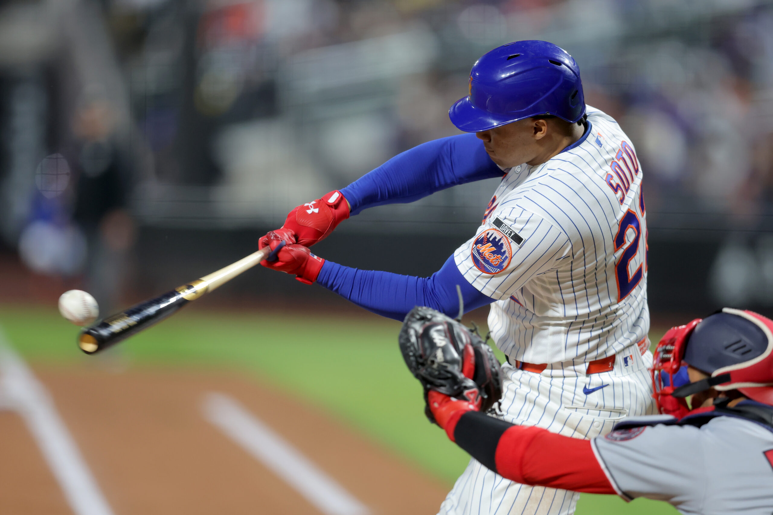 Apr 29, 2026; New York City, New York, USA; New York Mets designated hitter Juan Soto (22) hits a solo home run against the Washington Nationals during the third inning at Citi Field. Mandatory Credit: Brad Penner-Imagn Images