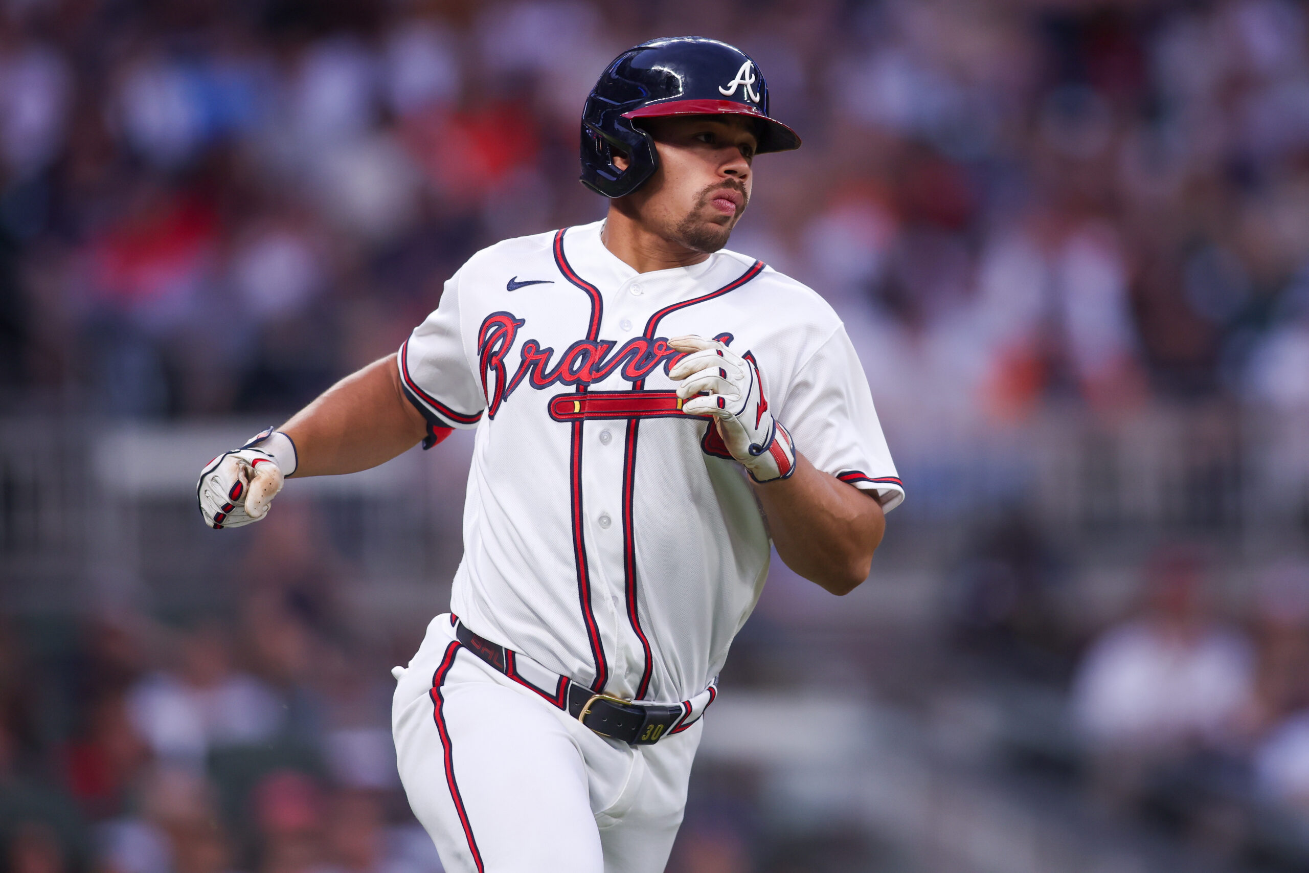 Apr 29, 2026; Atlanta, Georgia, USA; Atlanta Braves designated hitter Drake Baldwin (30) hits a single against the Detroit Tigers in the third inning at Truist Park. Mandatory Credit: Brett Davis-Imagn Images