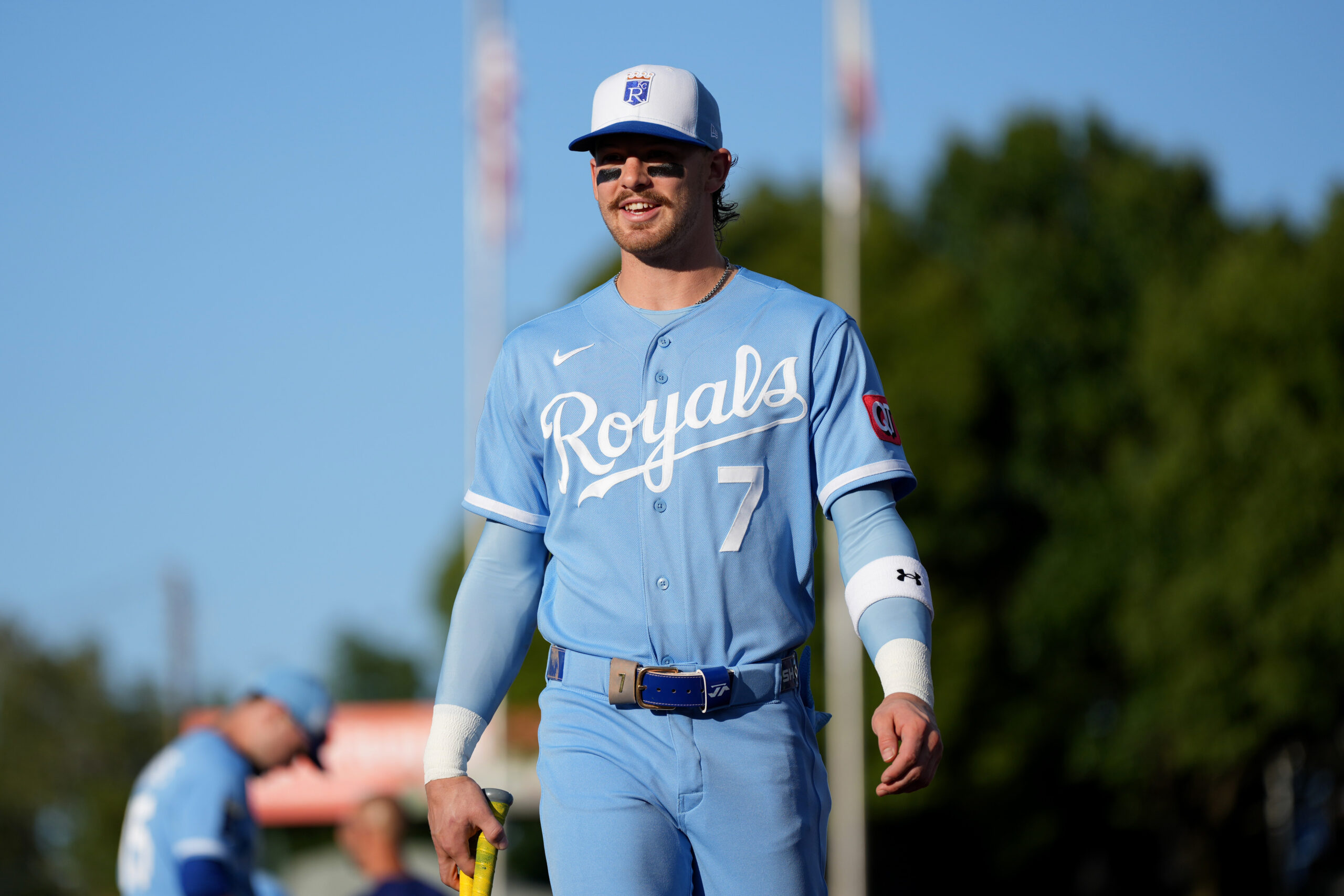 Apr 29, 2026; West Sacramento, California, USA; Kansas City Royals shortstop Bobby Witt Jr. (7) walks on the field before the start of the game against the Athletics at Sutter Health Park. Mandatory Credit: Cary Edmondson-Imagn Images