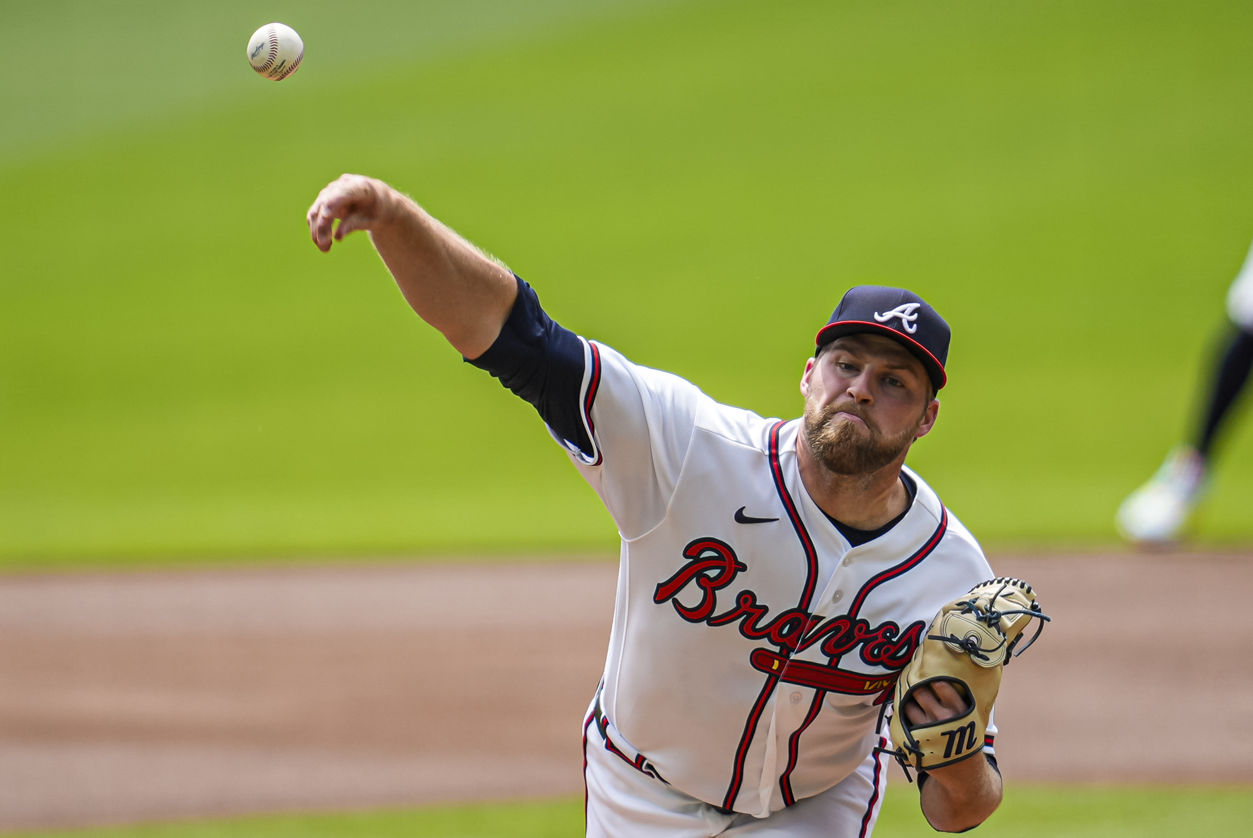Apr 30, 2026; Cumberland, Georgia, USA; Atlanta Braves pitcher Bryce Elder (55) pitches against the Detroit Tigers during the first inning at Truist Park. Mandatory Credit: Dale Zanine-Imagn Images