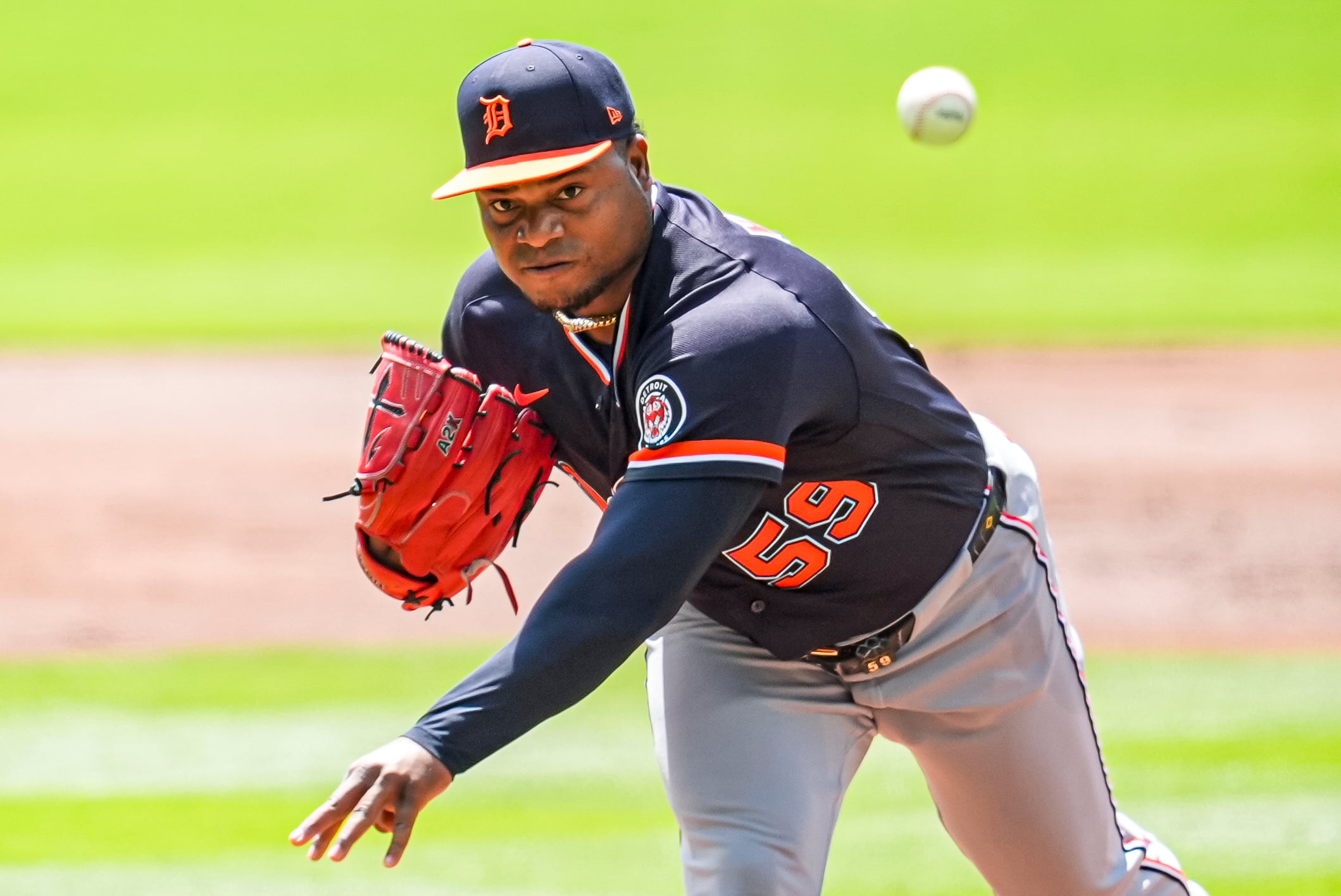 Apr 30, 2026; Cumberland, Georgia, USA; Detroit Tigers pitcher Framber Valdez (59) pitches against the Atlanta Braves during the first inning at Truist Park. Mandatory Credit: Dale Zanine-Imagn Images