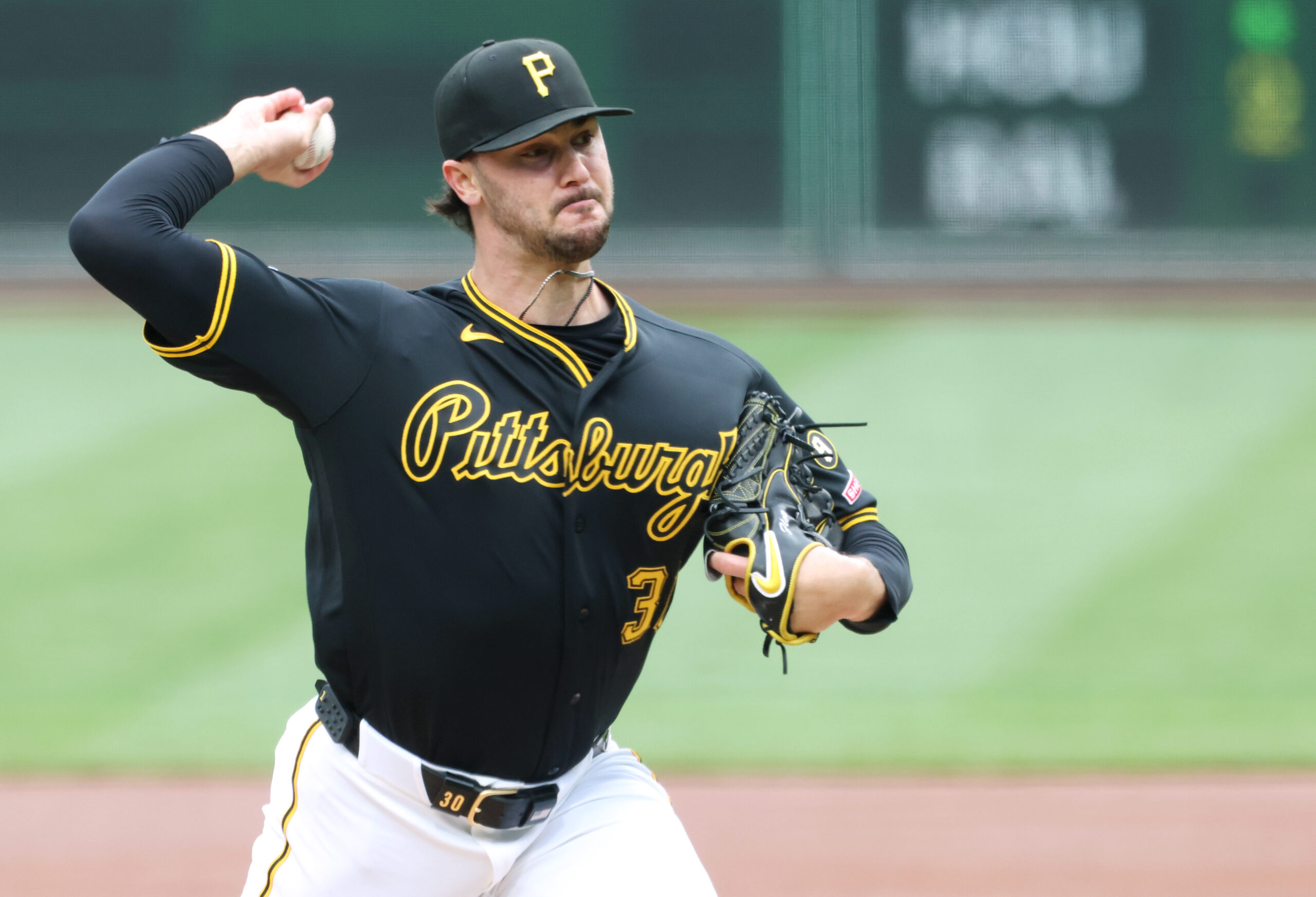 Apr 30, 2026; Pittsburgh, Pennsylvania, USA;  Pittsburgh Pirates starting pitcher Paul Skenes (30) delivers a pitch against the St. Louis Cardinals during the first inning at PNC Park. Mandatory Credit: Charles LeClaire-Imagn Images