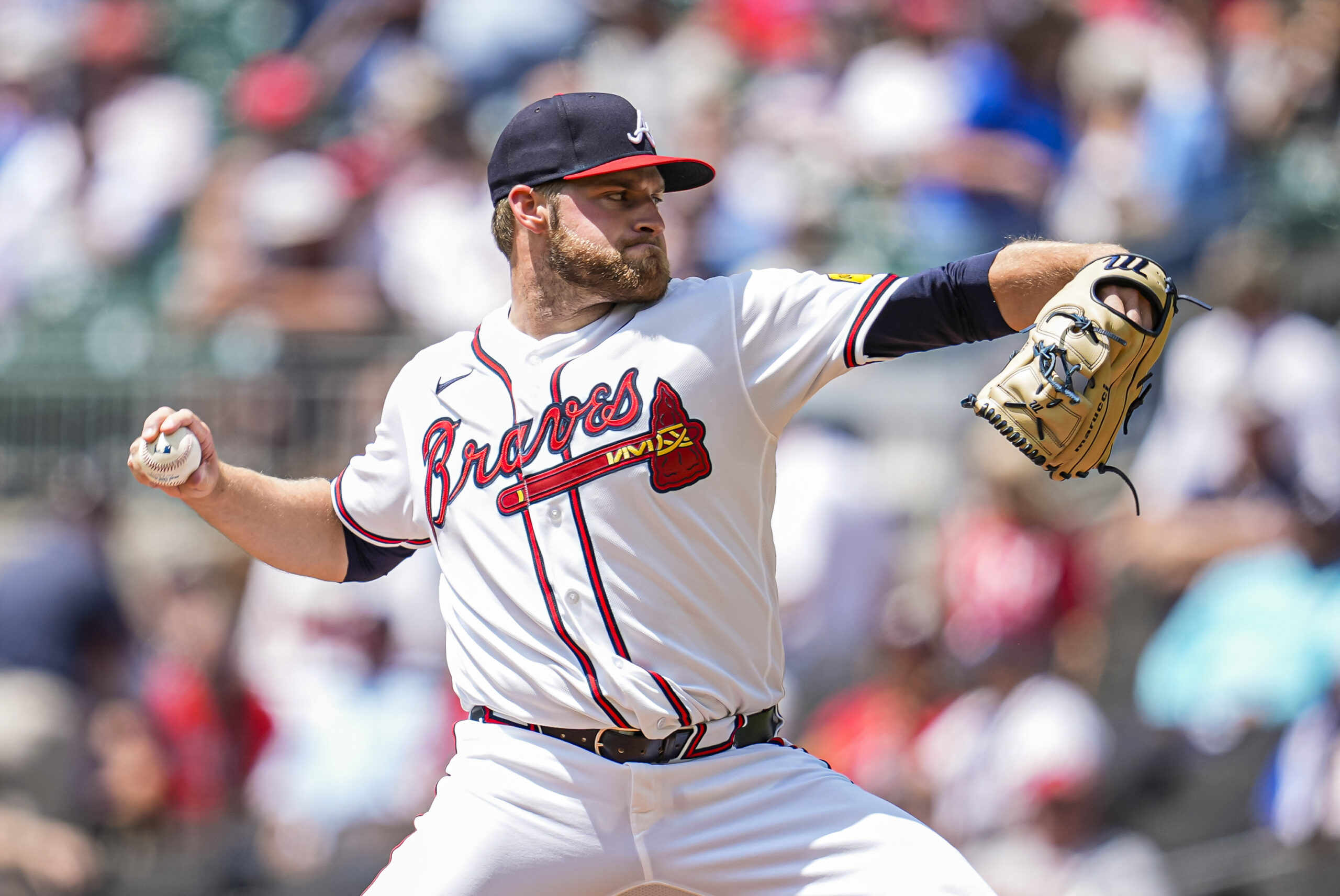 Apr 30, 2026; Cumberland, Georgia, USA; Atlanta Braves pitcher Bryce Elder (55) pitches against the Detroit Tigers during the second inning at Truist Park. Mandatory Credit: Dale Zanine-Imagn Images