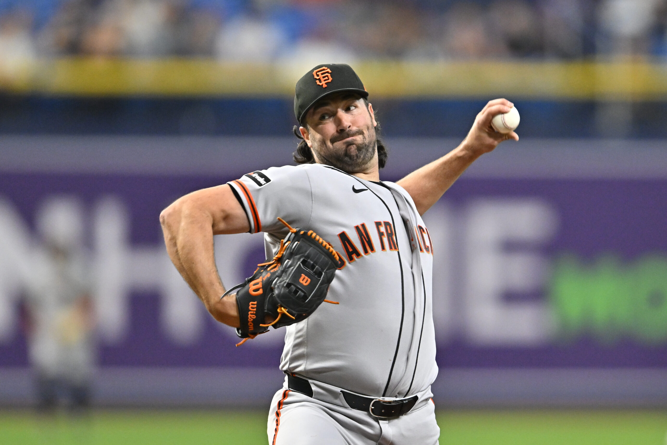 May 1, 2026; St. Petersburg, Florida, USA; San Francisco Giants pitcher Robbie Ray (38) throws a pitch during the first inning against Tampa Bay Rays at Tropicana Field. Mandatory Credit: Pablo Robles-Imagn Images