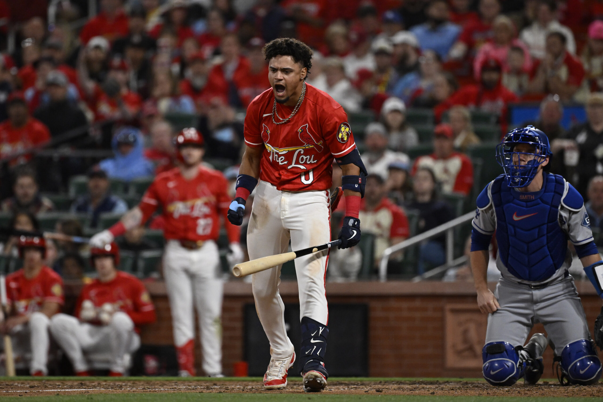 May 1, 2026; St. Louis, Missouri, USA; St. Louis Cardinals shortstop Masyn Winn (0) reacts after being hit by a pitch by the Los Angeles Dodgers in the seventh inning at Busch Stadium. Mandatory Credit: Joe Puetz-Imagn Images