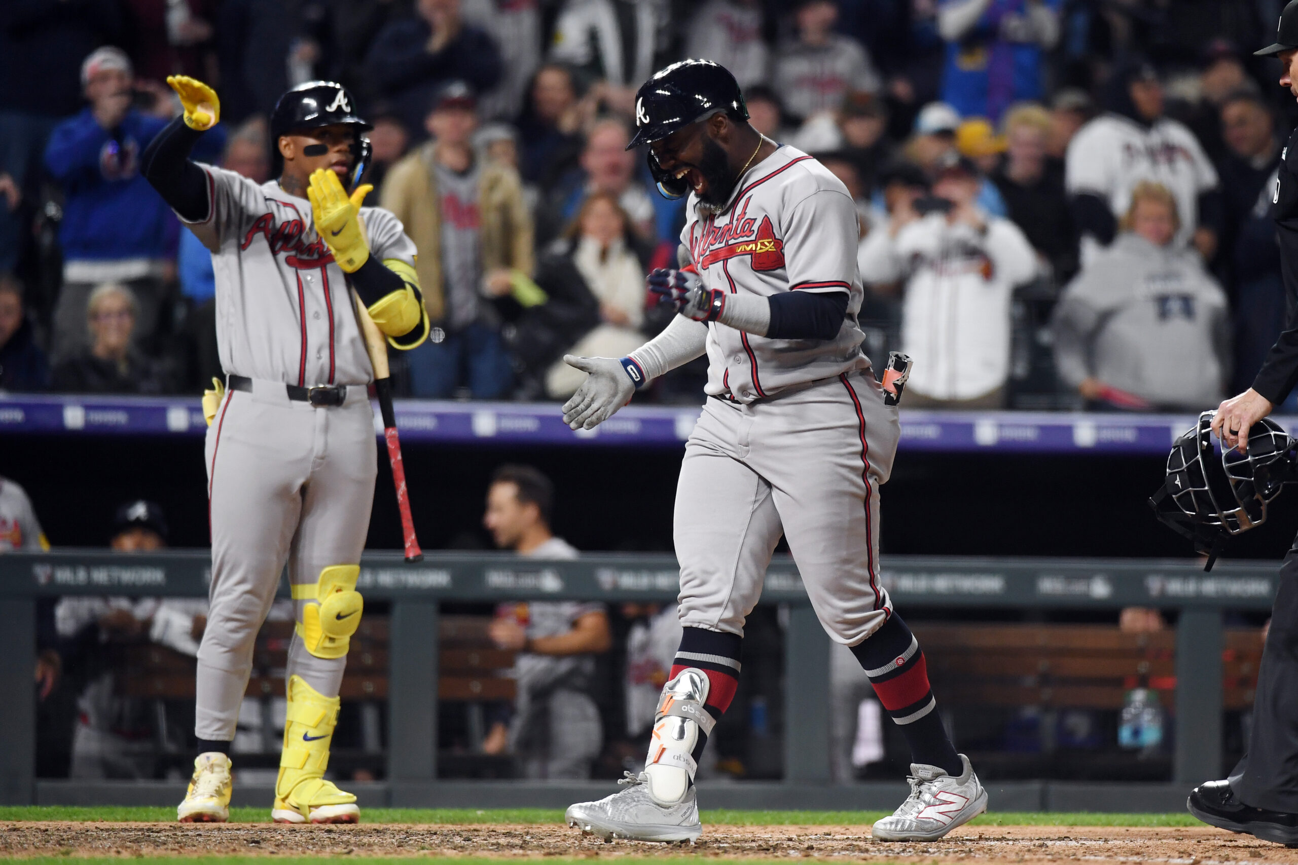 May 1, 2026; Denver, Colorado, USA; Atlanta Braves outfielder Michael Harris II (23) celebrates after hitting the game-winning home run during the ninth inning against the Colorado Rockies at Coors Field. Mandatory Credit: Christopher Hanewinckel-Imagn Images