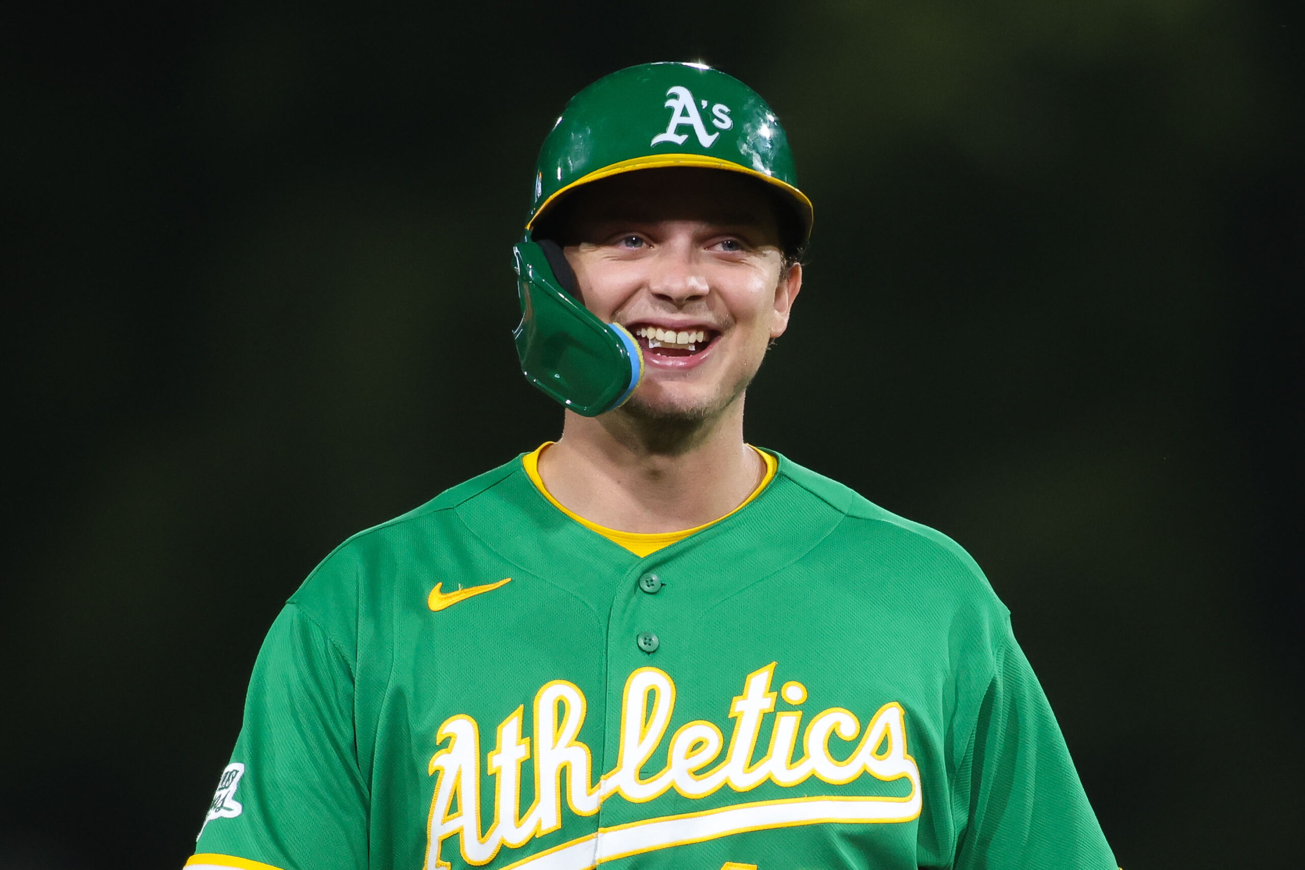 May 1, 2026; West Sacramento, California, USA; Athletics first baseman Nick Kurtz (16) smiles during a pitching change during the seventh inning against the Cleveland Guardians at Sutter Health Park. Mandatory Credit: Scott Marshall-Imagn Images