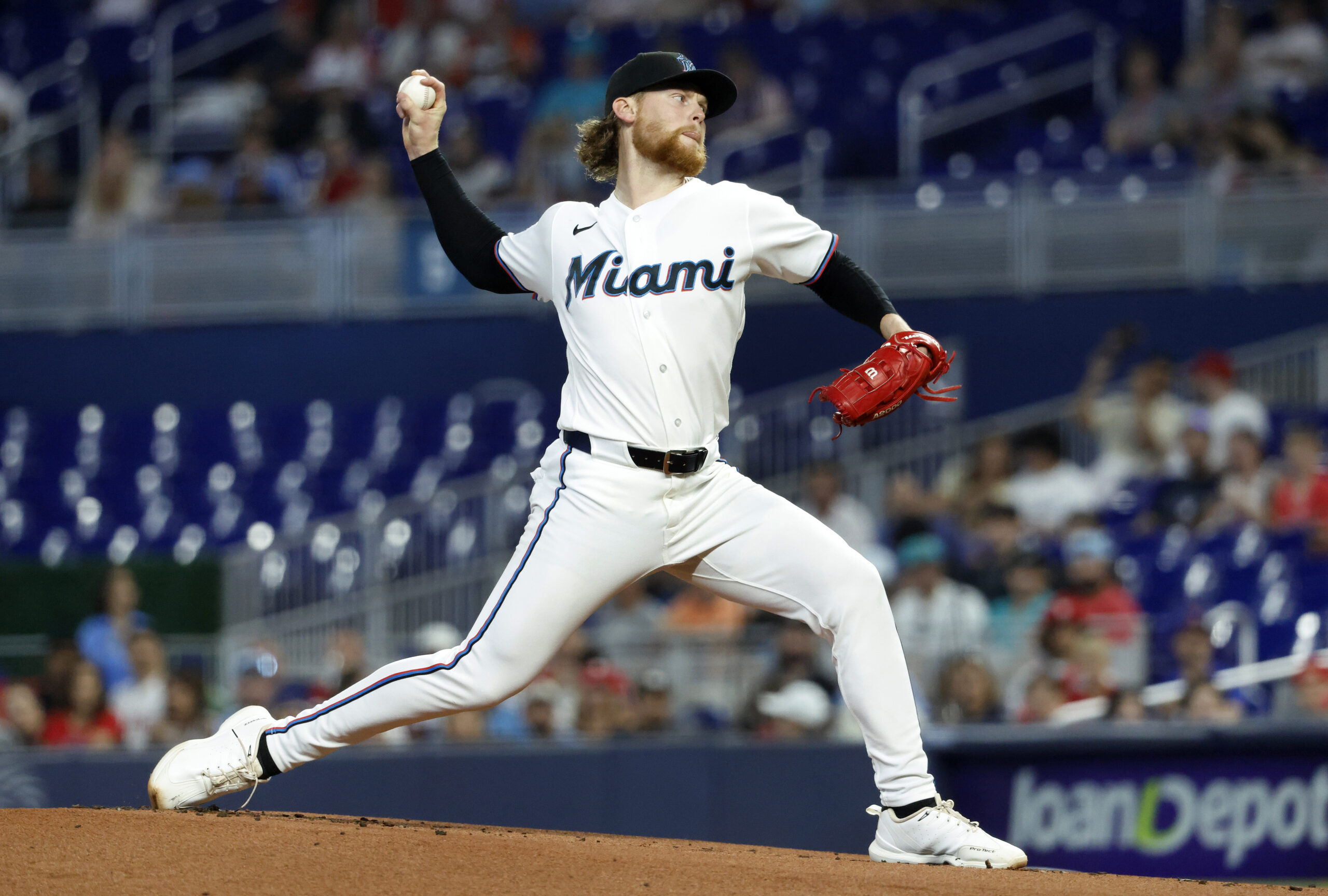 May 2, 2026; Miami, Florida, USA;  Miami Marlins starting pitcher Max Meyer (23) throws against the Philadelphia Phillies during the first inning at loanDepot Park. Mandatory Credit: Rhona Wise-Imagn Images