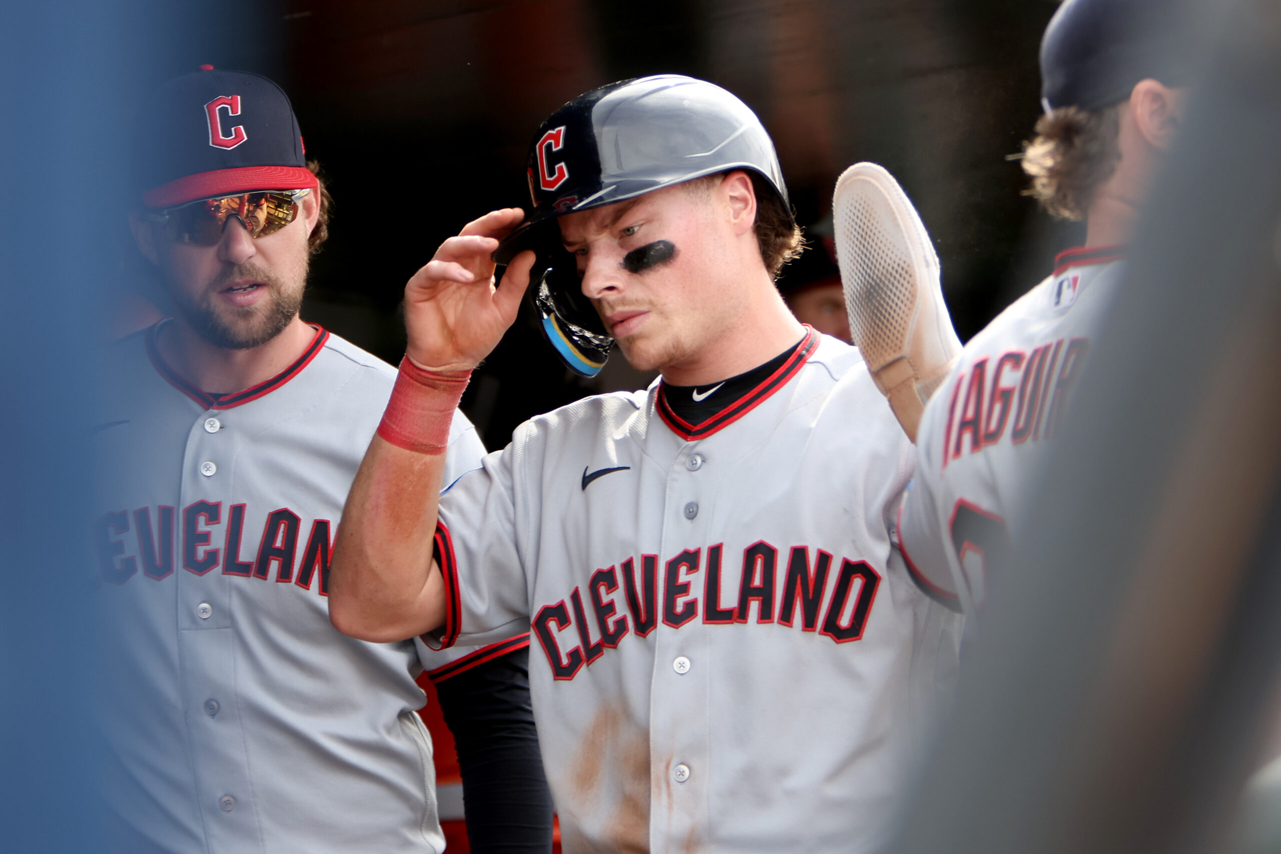May 2, 2026; West Sacramento, California, USA; Cleveland Guardians second baseman Travis Bazzana (37) is congratulated by teammates after scoring a run against the Athletics during the ninth inning at Sutter Health Park. Mandatory Credit: Dennis Lee-Imagn Images