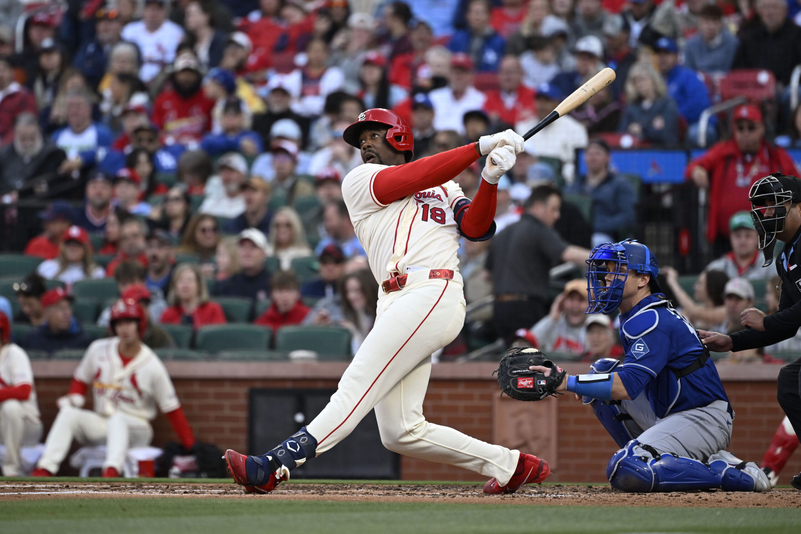 May 2, 2026; St. Louis, Missouri, USA; St. Louis Cardinals right fielder Jordan Walker (18) hits a two-run home run against the Los Angeles Dodgers in the third inning at Busch Stadium. Mandatory Credit: Joe Puetz-Imagn Images